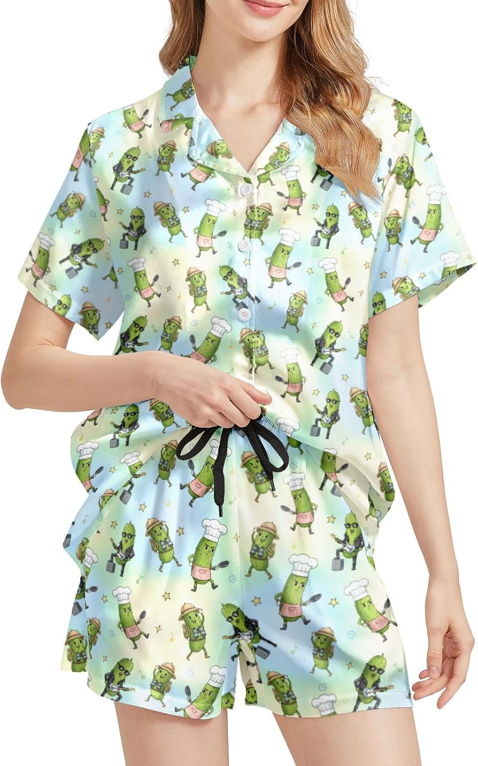 Funny Satin Pajamas Set for Women Button Down Sleepwear Print Pjs Set 2 Piece Short Sleeve Loungewear Gift for Women