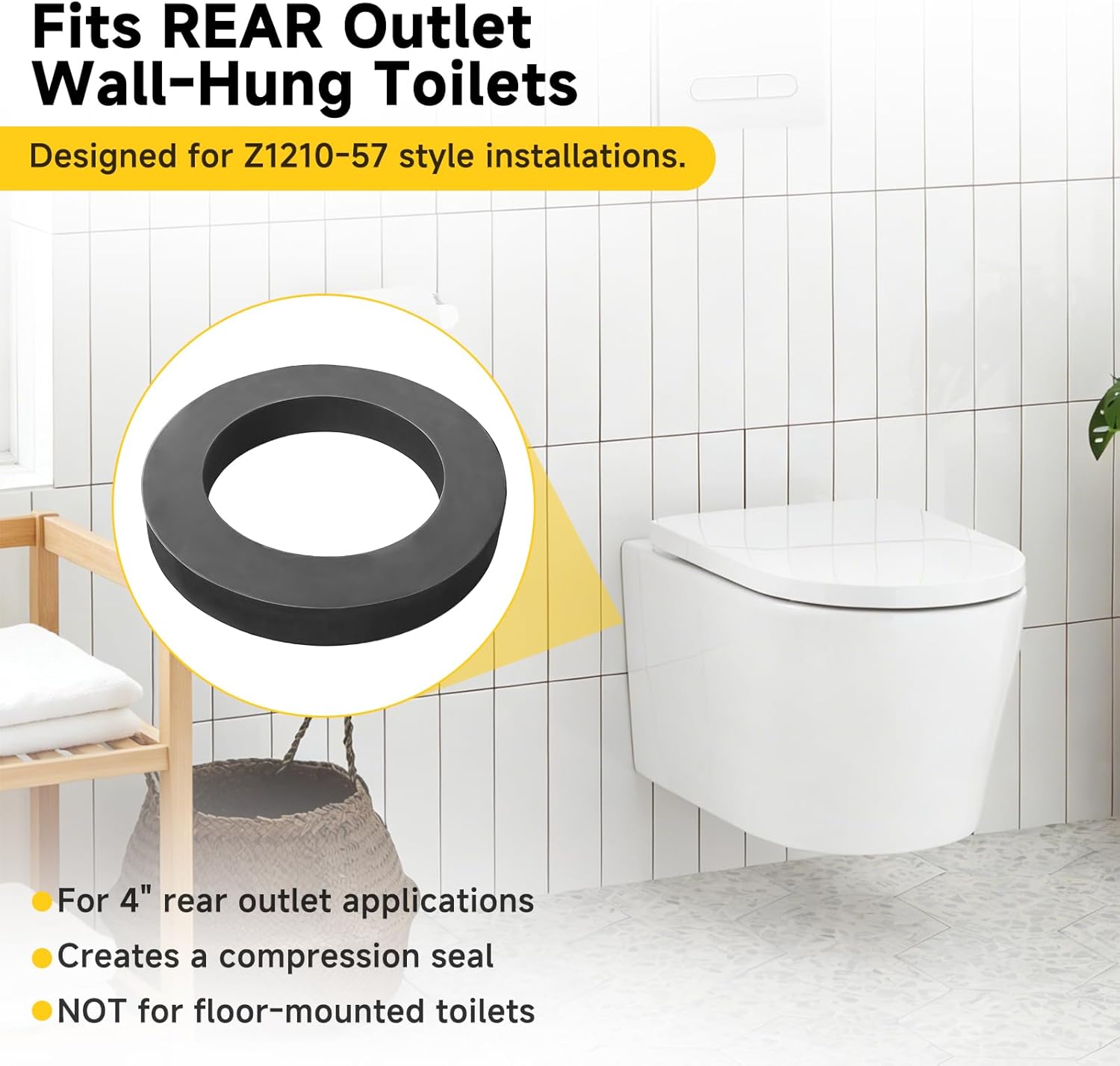 Z1210-57 Toilet Seal Gasket Replacement, 4-Inch Rear Outlet Neoprene Gasket for Wall Hung Toilets