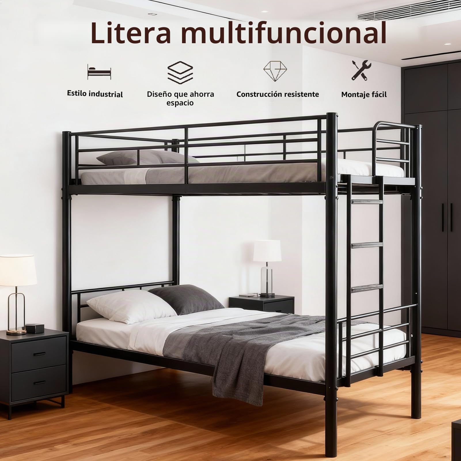 Litera de Metal de 90 x 200 cm, litera Juvenil con Escalera, Convertible en Dos Camas Individuales, Camas Altas para Adultos con somier y Barra de Seguridad para Dormitorio