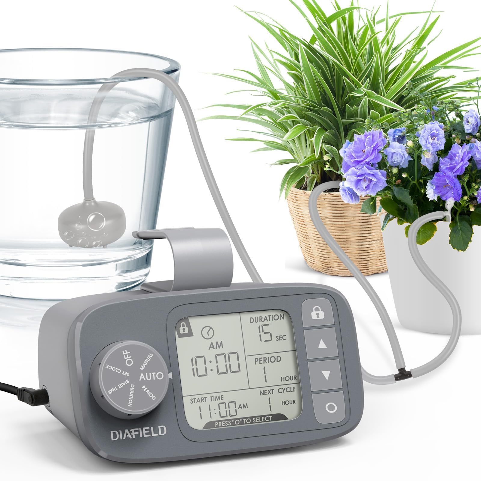 DIAFIELD 15 Potted Plant Automatic Watering System, Indoor Sprinkling System for Plants, Automatic Drip Irrigation Kit, 30 Day Programmable Water Timer, Power Supply, No Battery Backup