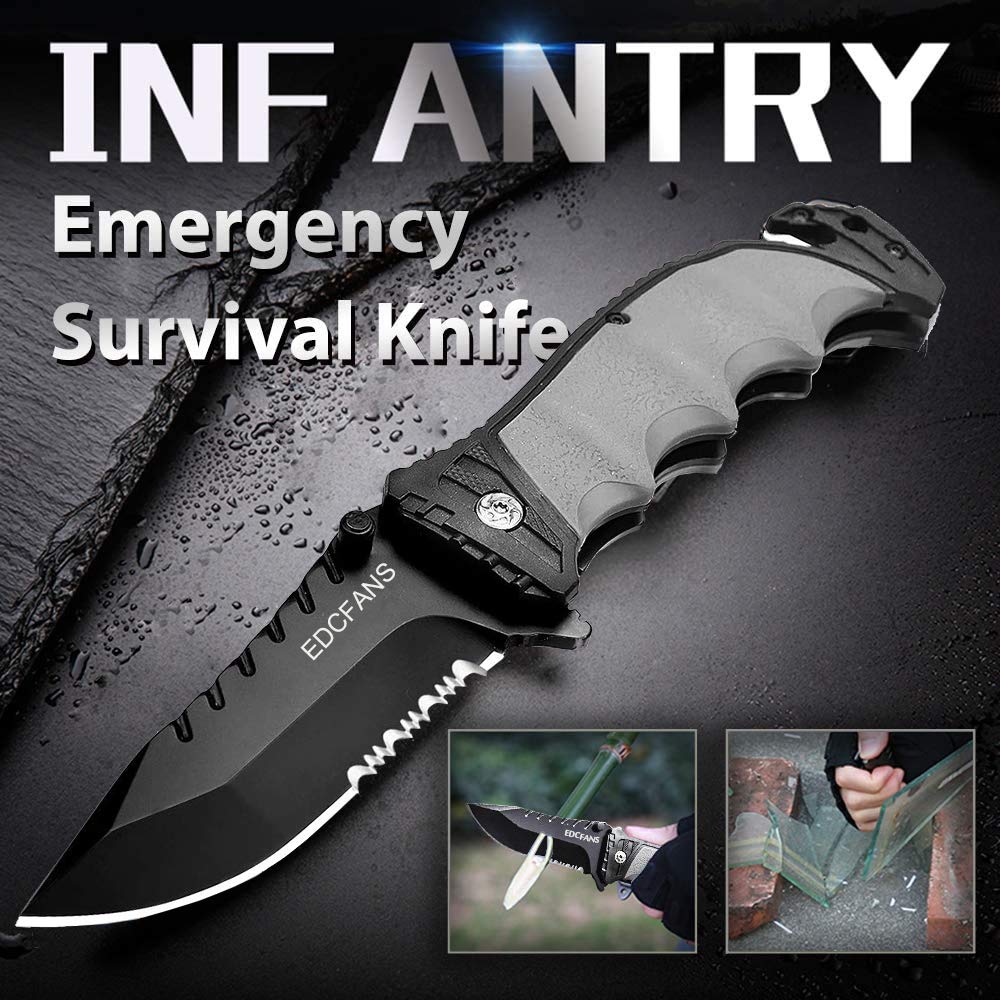 edcfans Tactical Folding Pocket Knife Glass Breaker, Seatbelt Cutter, Serrated Blade, Pocket