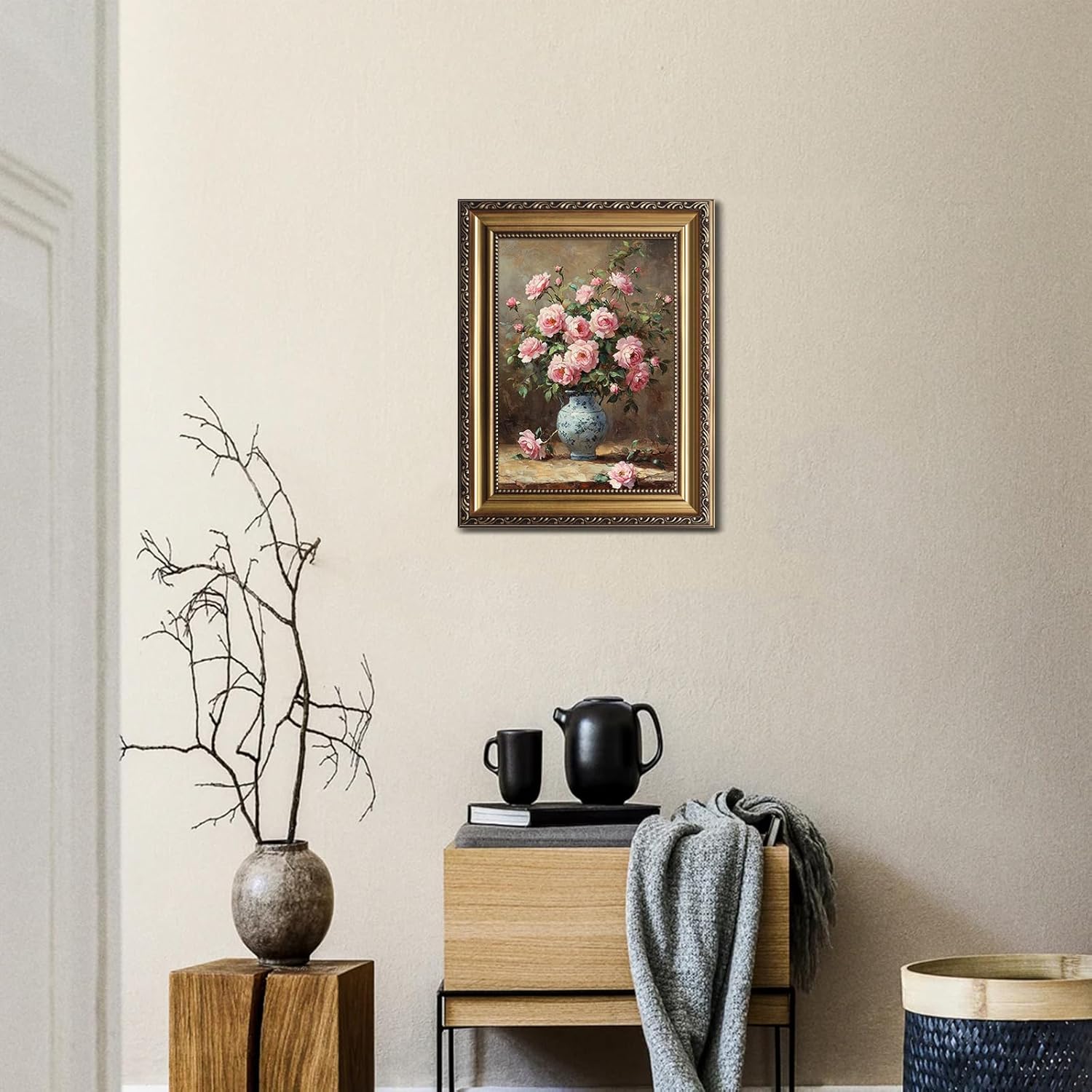 Gold Framed Wall art, Moody's Pink Peonies with Retro Gold Frame, Vintage Floral Wall Art Farmhouse Decor for Bedroom, Living Room, Bathroom, 12x16" Framed Canvas Print