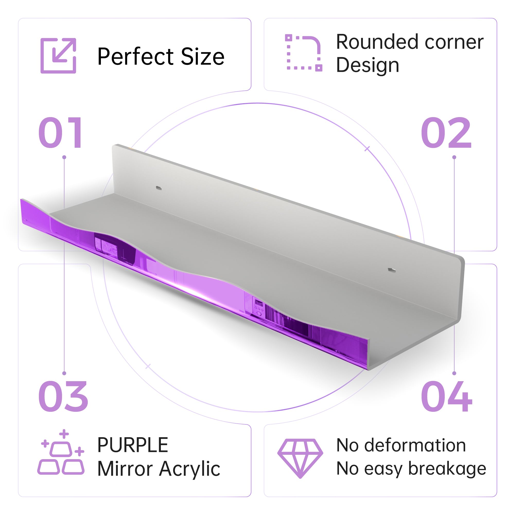 YMVV 40 cm großes, reflektierendes Acrylregal, schwimmendes Regal, Parfüm-Organizer, Regal, moderne Badezimmer-Aufbewahrung, Spielzeug, Dekoration, 4 Stück