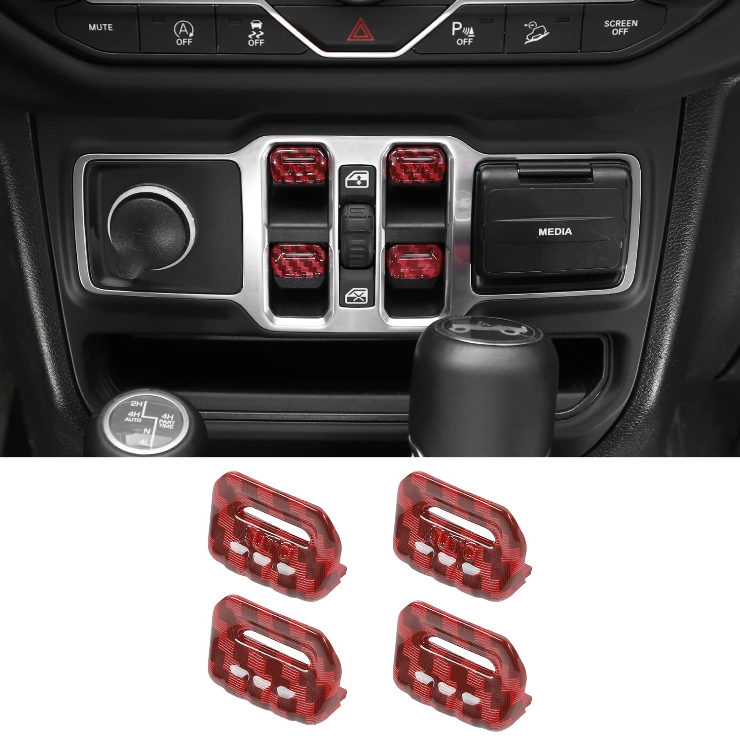 Jimen Compatible with Jeep Wrangler JL JLU 2018-2023 and Jeep Gladiator JT 2020-2023, 4PCS Center Console Window Button Switch Cover Interior Trim Accessories (Red Carbon Fiber)