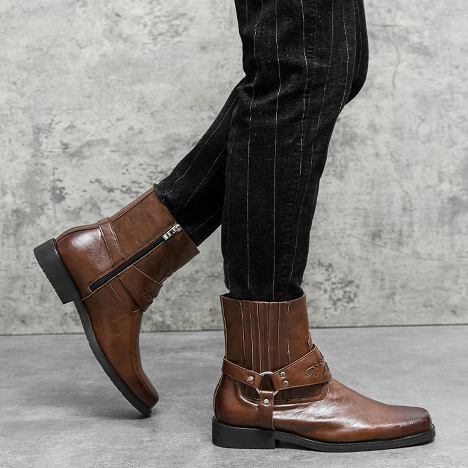 HusSeN Zachodnie kowbojskie buty dla mężczyzn buty do połowy łydki niski obcas na co dzień haftowane boczny zamek błyskawiczny retro buty robocze unisex buty do połowy łydki