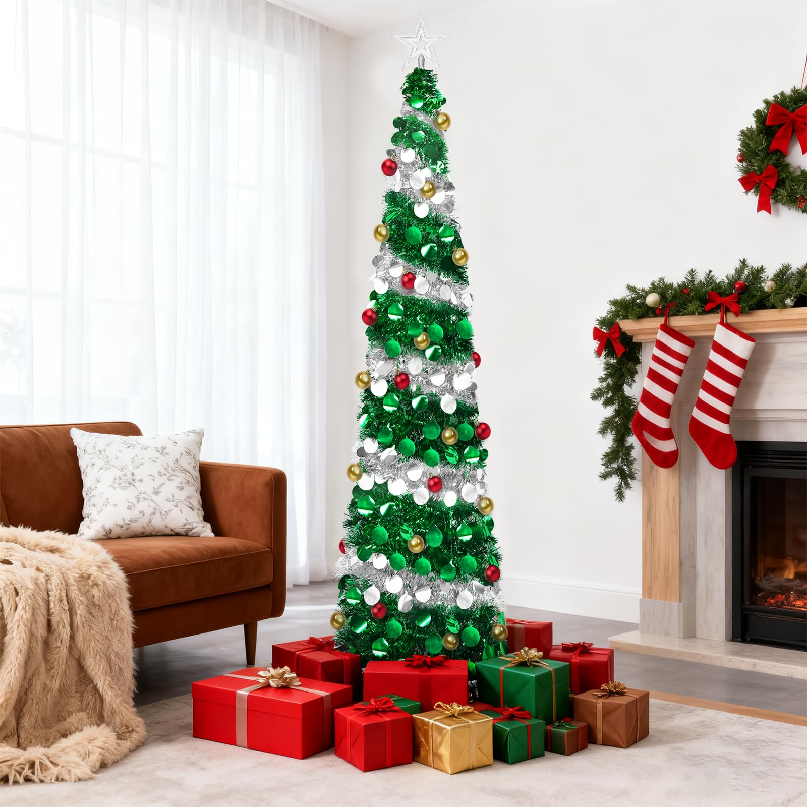 Sapin de Noël Artificiel Pliable de 180 cm | avec boules d'étoiles et support,pour décoration de Noël, vert + argent, décoration de maison, bureau