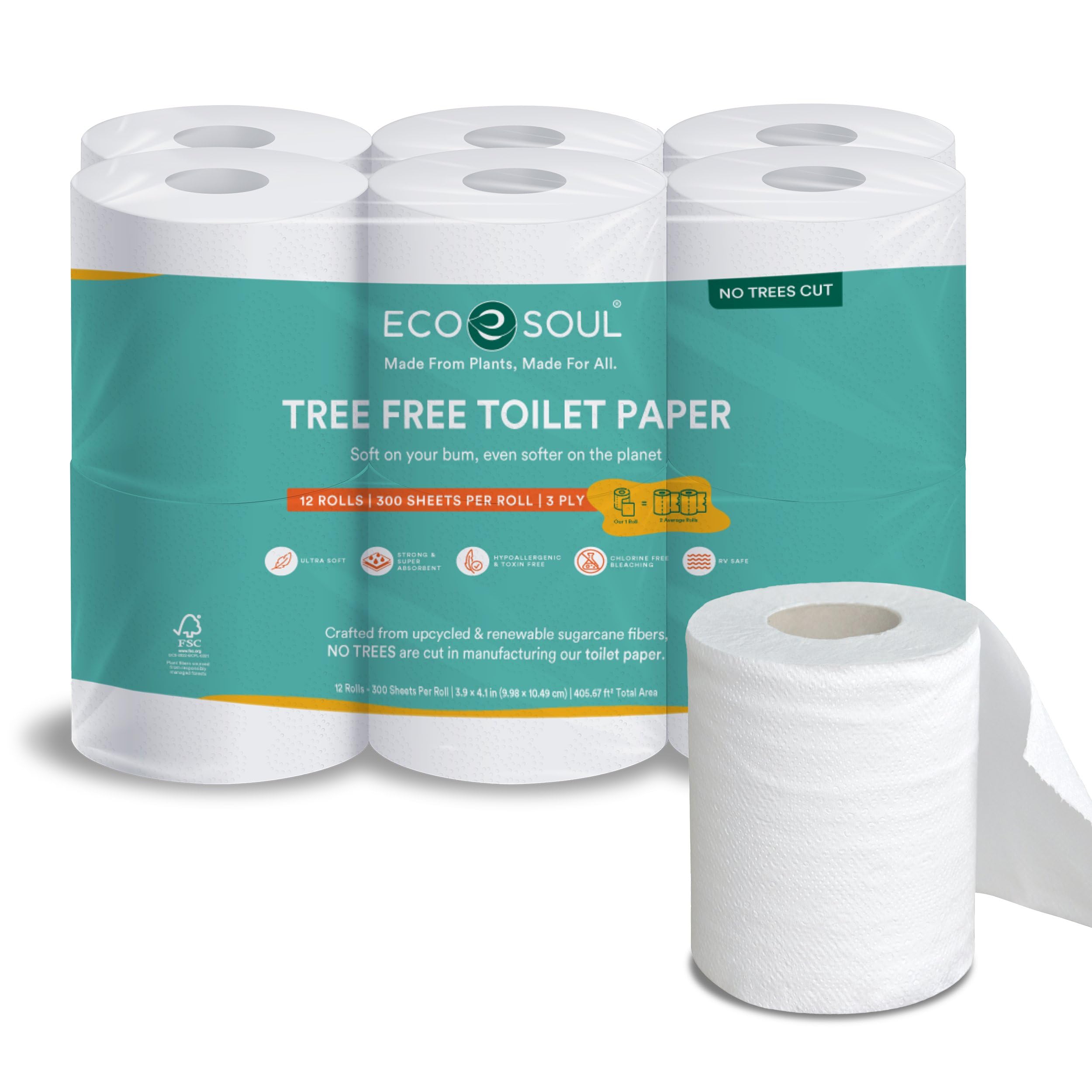 ECO SOUL [3 Ply, 1920 Pulls] Tree-Free Toilet Paper | Pack of 12 (160 Pulls Per Pack) | Soft & Highly Absorbent | Eco Friendly, Natural, Biodegradable | Everyday Toilet Paper