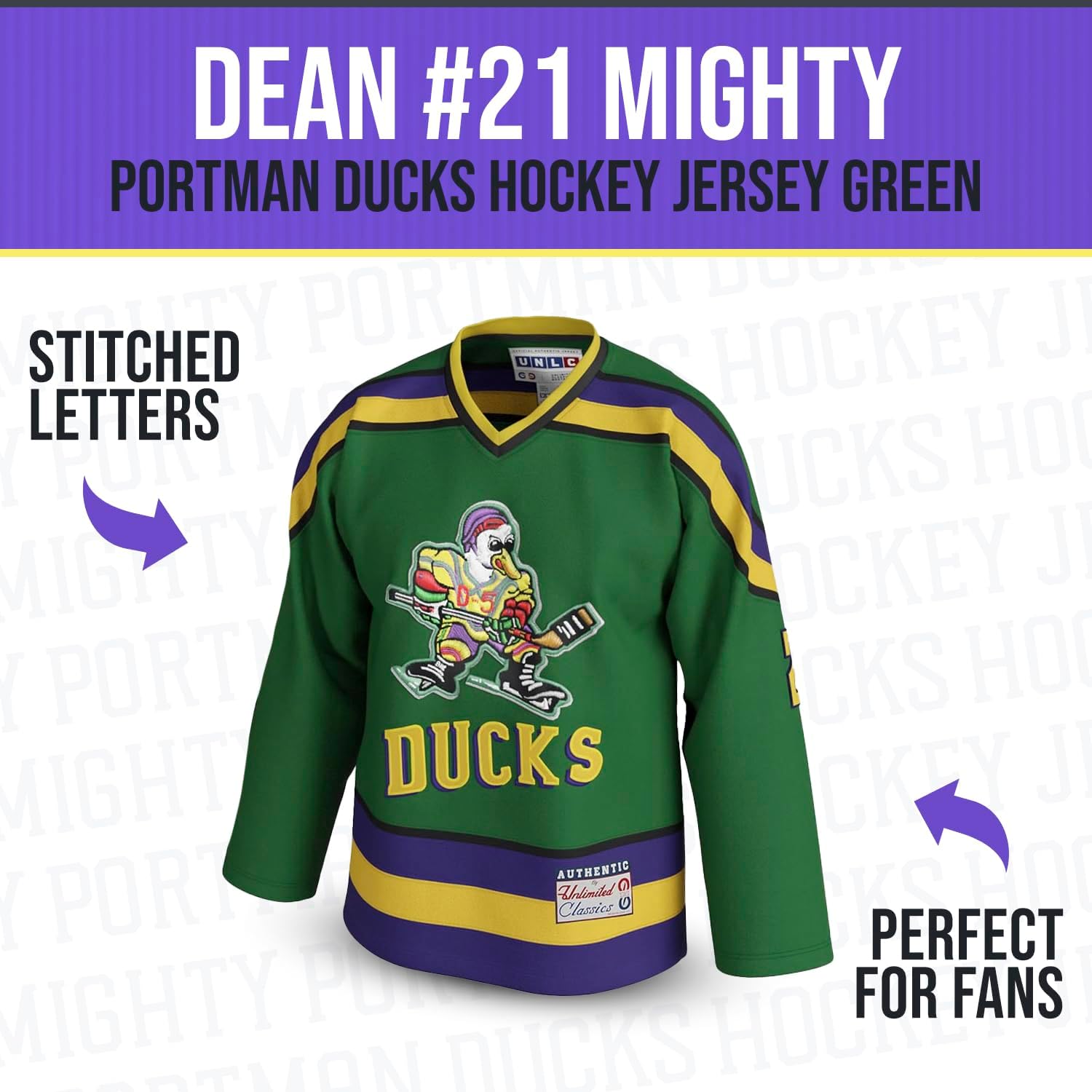 Dean Portman #21 Mighty Ducks Jersey – Green 90s Hockey Shirt with Stitched Letters, Adult Sizes S–5XL - Image 2