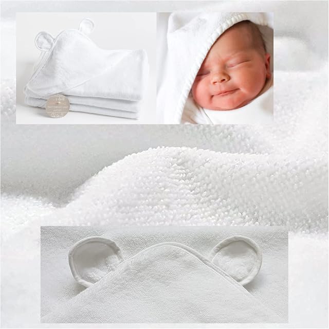 JMS Bridge Baby Hooded Towel. Bath Towel for Newborn with Hood, 100% White Cotton. Boy, Girl, Infant, Toddlers Bath Towel with Ears. Cuddles Blanket Wrap. Super Soft Zero Twist. Durable, absorbent.