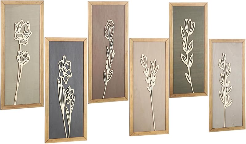 Wesiti 6 Pcs 3D Boho Wall Art Wooden Floral Bedroom Wall Decor for Rustic Vintage Farmhouse Home Living Room Bathroom Bedroom Kitchen Decoration, 15.75 x 6.69 Inch(Morandi)