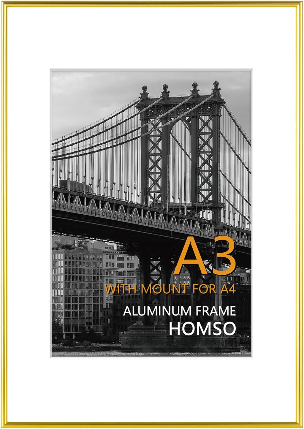 Homso A3 Gold Picture Frame, Metal Thin Board A3 Frames with Acrylic Plexiglass for Pictures A4 with Mat or 11.7 x 16.5 without Mat for Horizontal and Vertical