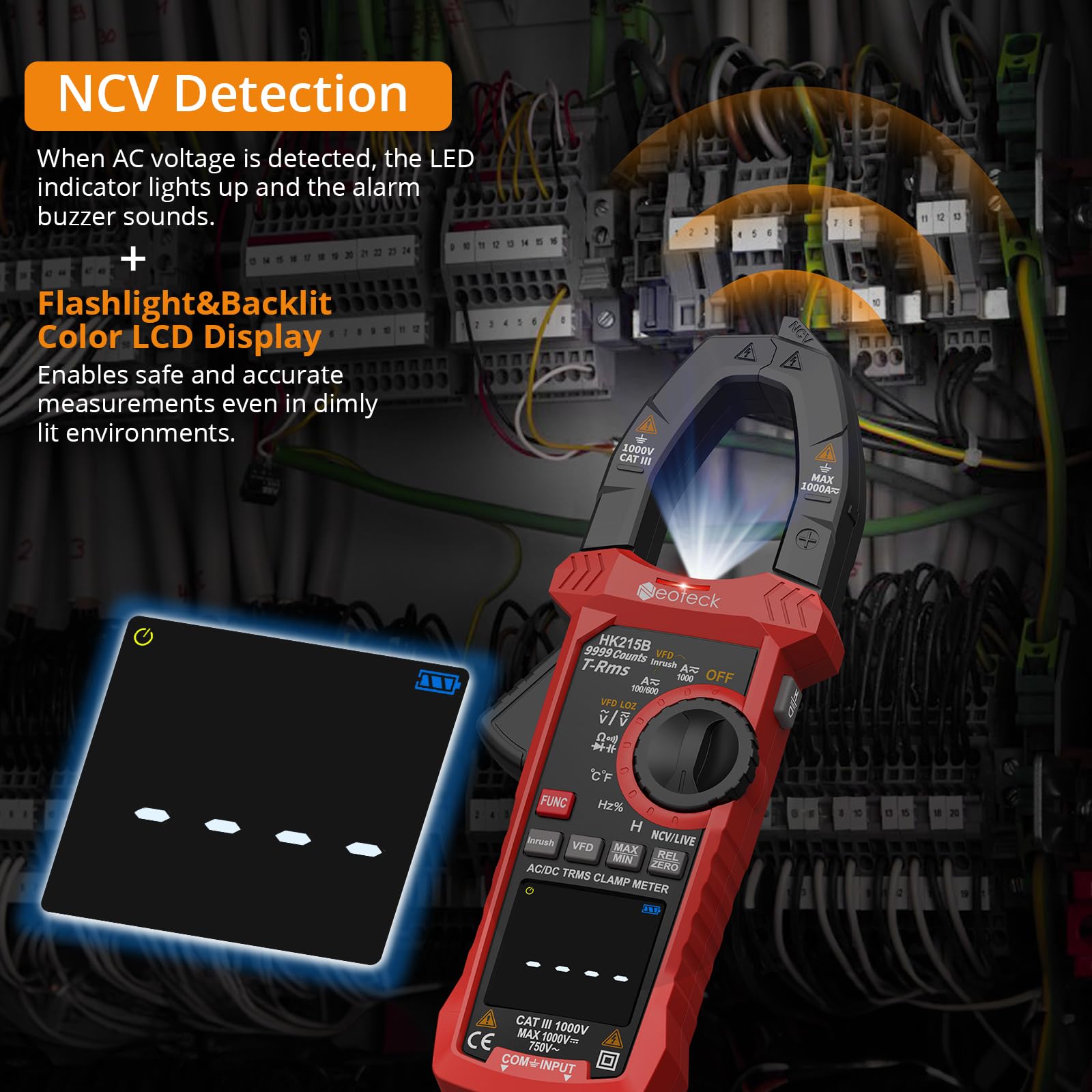 Neoteck Pinza Amperimétrica 9999Cuentas TRMS 1000A Pinza Multímetro con Modo de VFD&LOZ Multimetro Digital para Voltaje y Corriente AC/DC,NCV,Corriente de Irrupción, Inductancia,Resistencia,Diodo