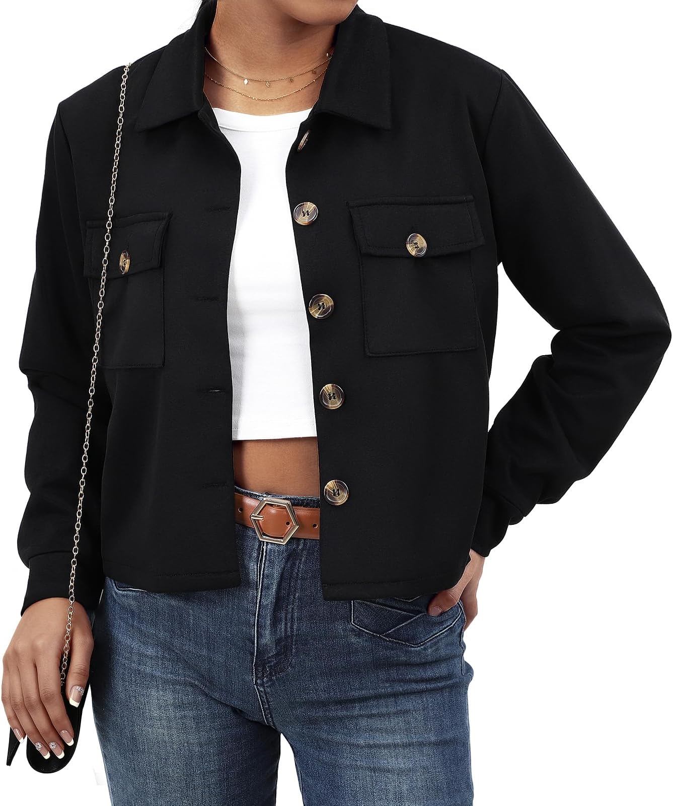 Women's Faux Suede Cropped Jacket Casual Button Down Fall Shacket Jackets Long Sleeve Outerwear Coats
