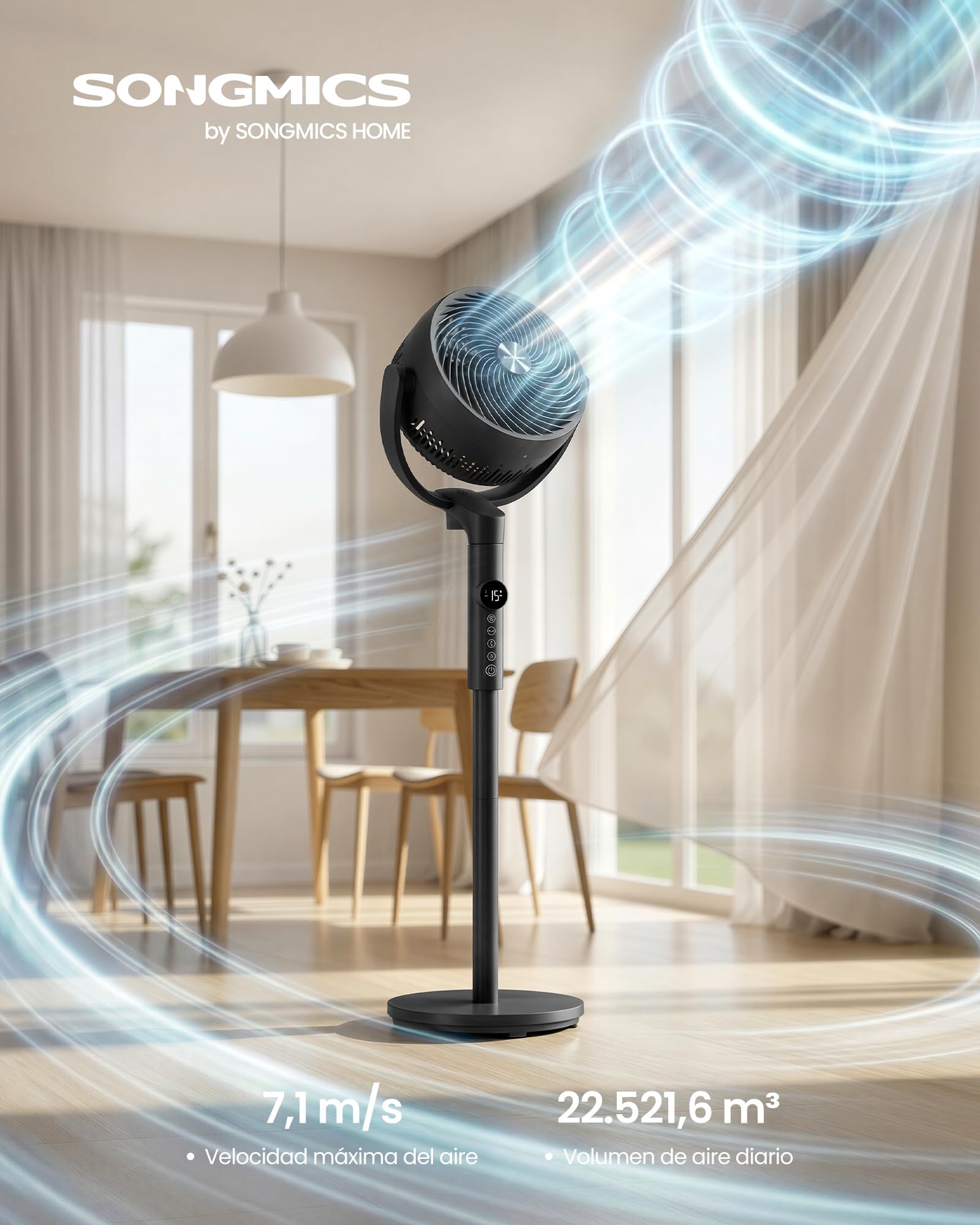 SONGMICS Ventilador de Pie, Ventilador Silencioso 20 dB, Mando a Distancia, Dormitorio, Oscilante 120°+135°, 15 Velocidades, Temporizador 15 Horas, 3 Modos, Altura Ajustable, Negro Tinta XFC002B1EU