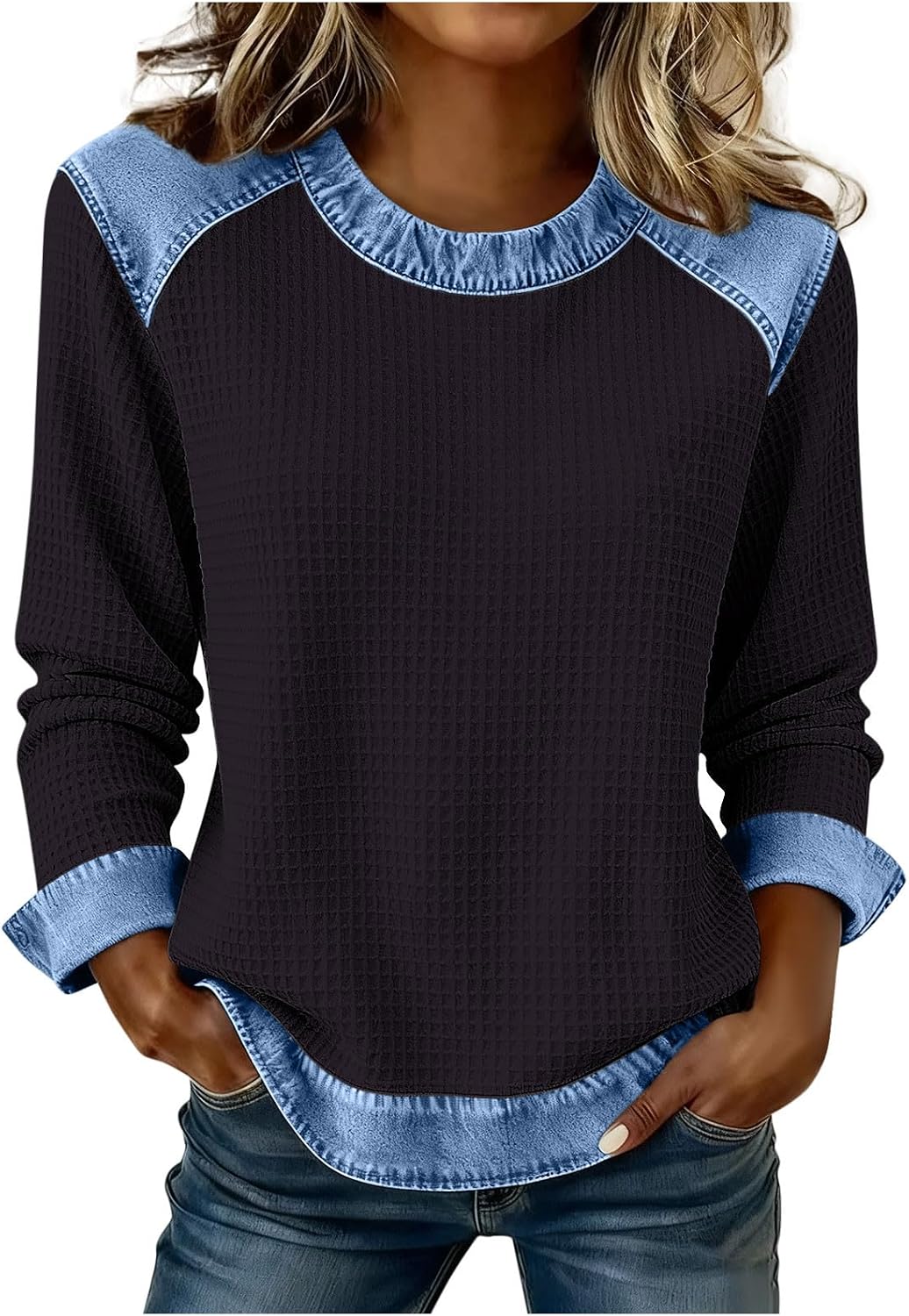Long Sleeve Shirts for Women Casual Fashion Denim Patchwork Crewneck Blouse Solid Color Crewneck Pullover Top