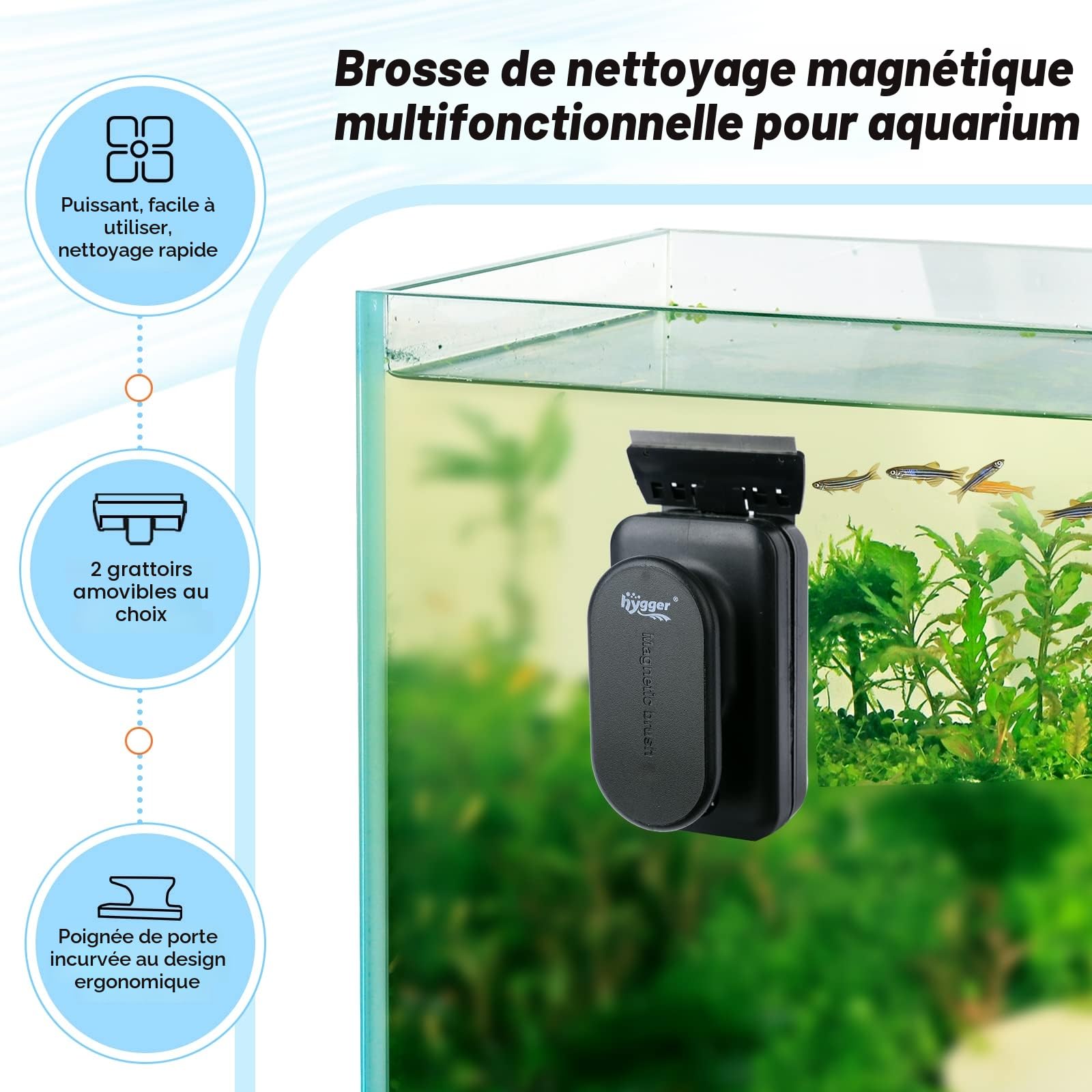 hygger Brosse Aquarium Nettoyage Vitre, Grattoir Algues Aquarium, Brosse Magnétique Aquarium Nettoyage Vitre Algues, Outil de Nettoyage Avec Grattoir Amovible pour Aquarium