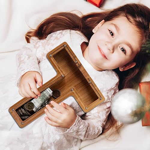 Miniatura 8 de Alcancía para niños y niñas, alcancía de madera con letra grande del alfabeto con inicial T, banco de monedas, regalos divertidos para cumpleaños,