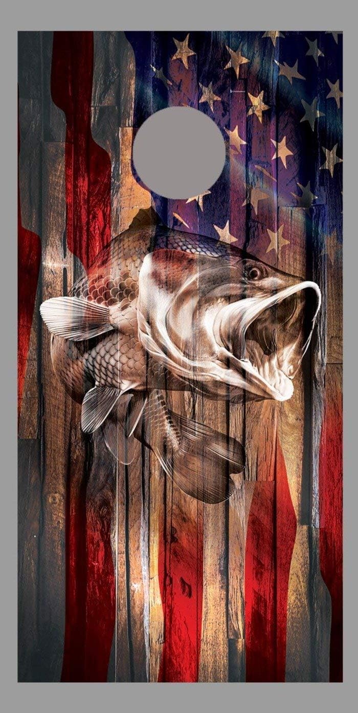 Rustic Wood Bass Fish American Flag Fade Cornhole Board Decal Wrap