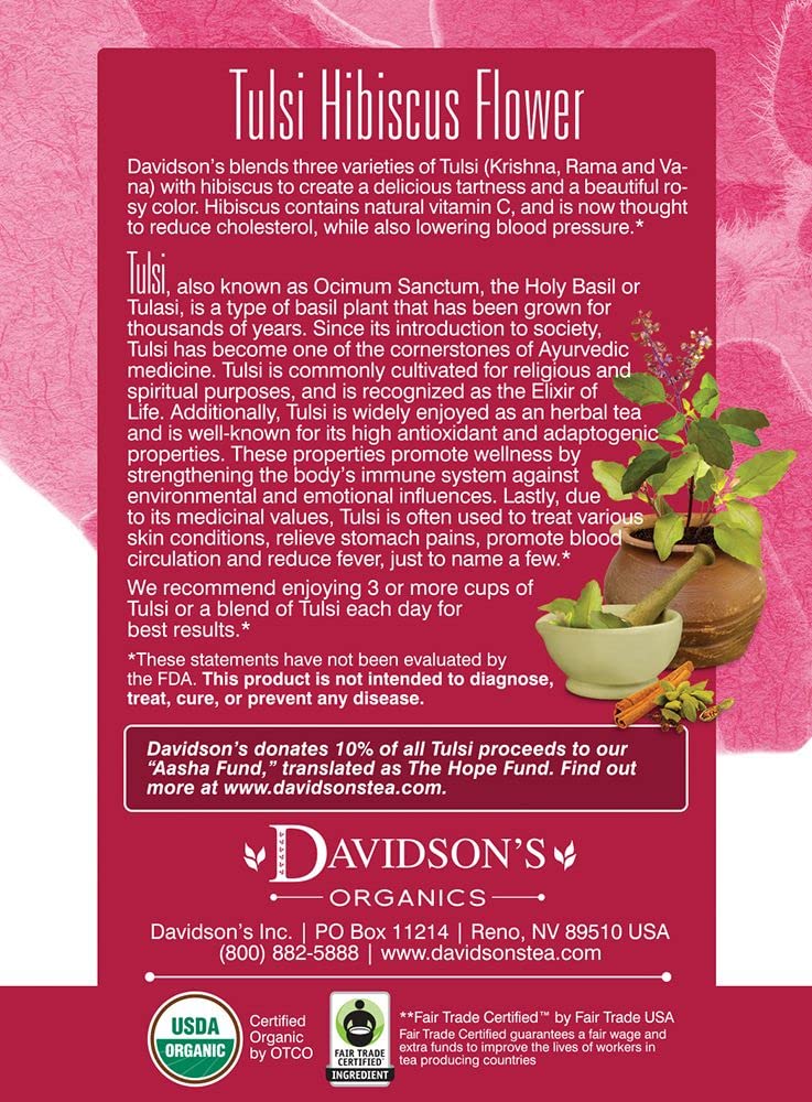 Davidson's Organics, Tulsi Hibiscus Flower, 8-count Tea Bags, Pack of 12