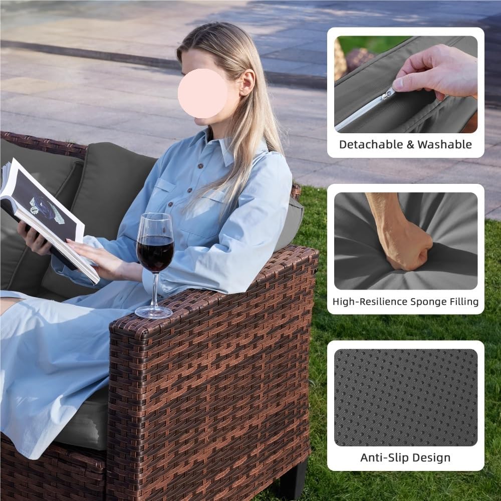 5 Pieces Outdoor Conversation Sets with Rocking Swivel Chairs Wicker Rattan Sofa Set with Storage Table and Waterproof Covers for Backyard Deck Porch(Blue)