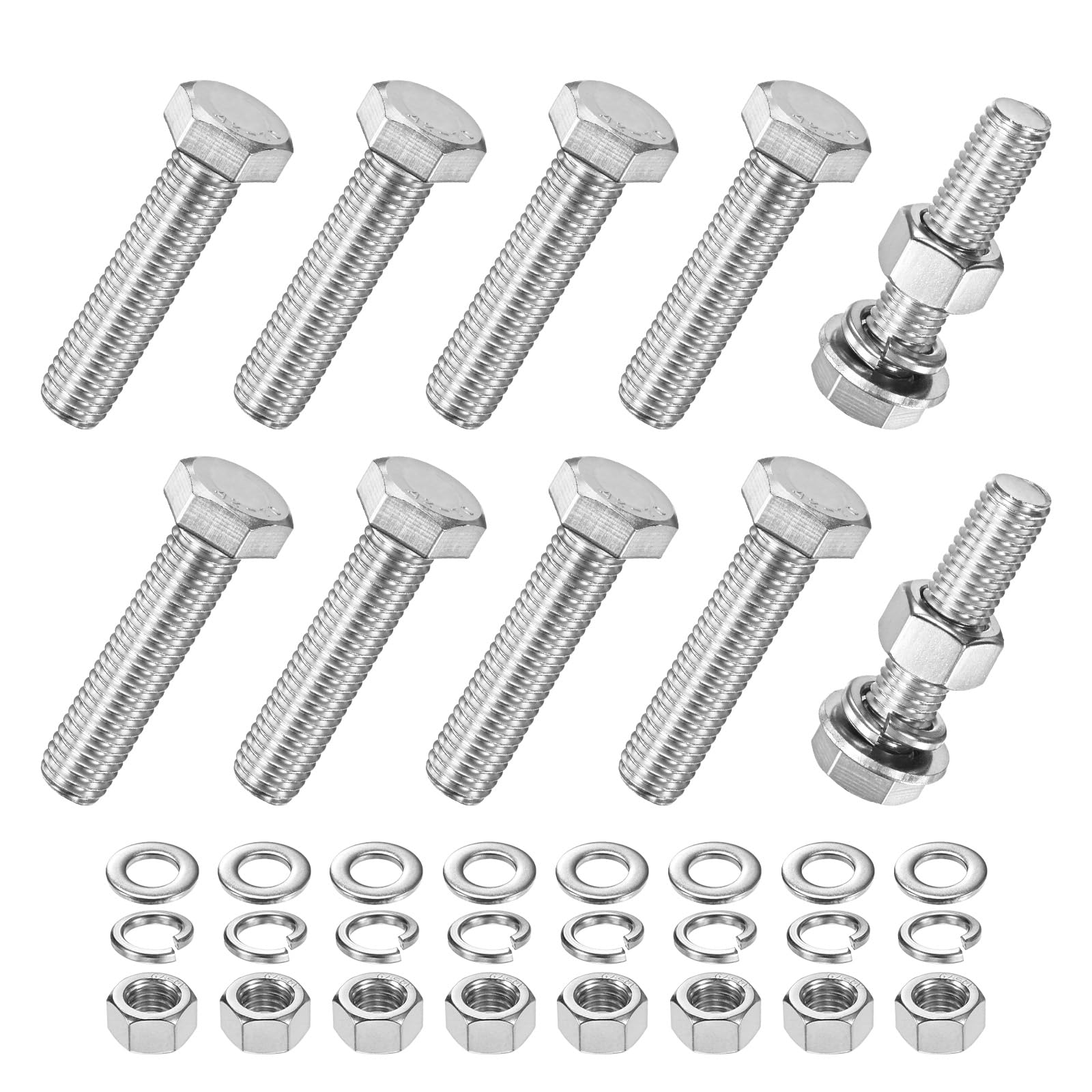 M METERXITY 10-Pack Hex Head Screw Bolt with Nuts Flat & Lock Washers M12x50mm Stainless Steel Bolts and Nuts Kit Fully Threaded Metric Bolt Assortment for Equipment/Machinery