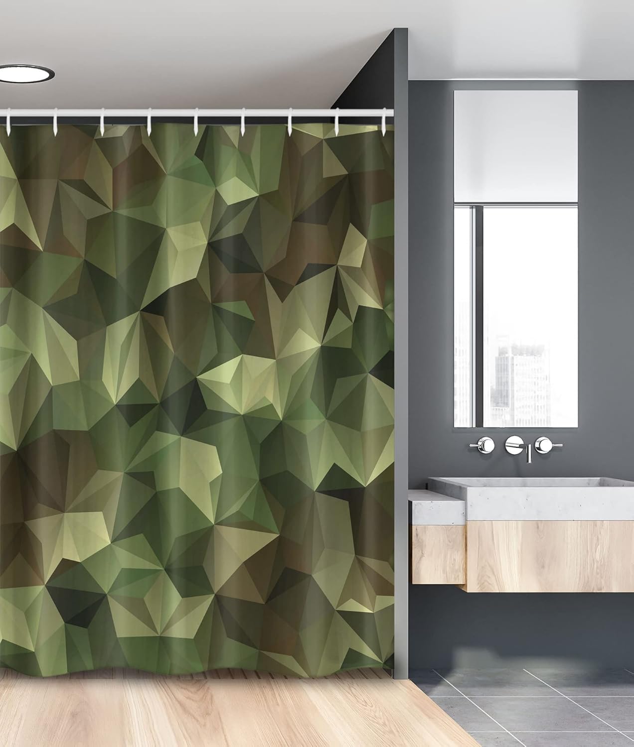 Ambesonne Geometric Stall Shower Curtain, Abstract Style Composition Camouflage Design Angular Polygon Design, Fabric Bathroom Decor Set with Hooks, 54" W x 78" L, Green Brown