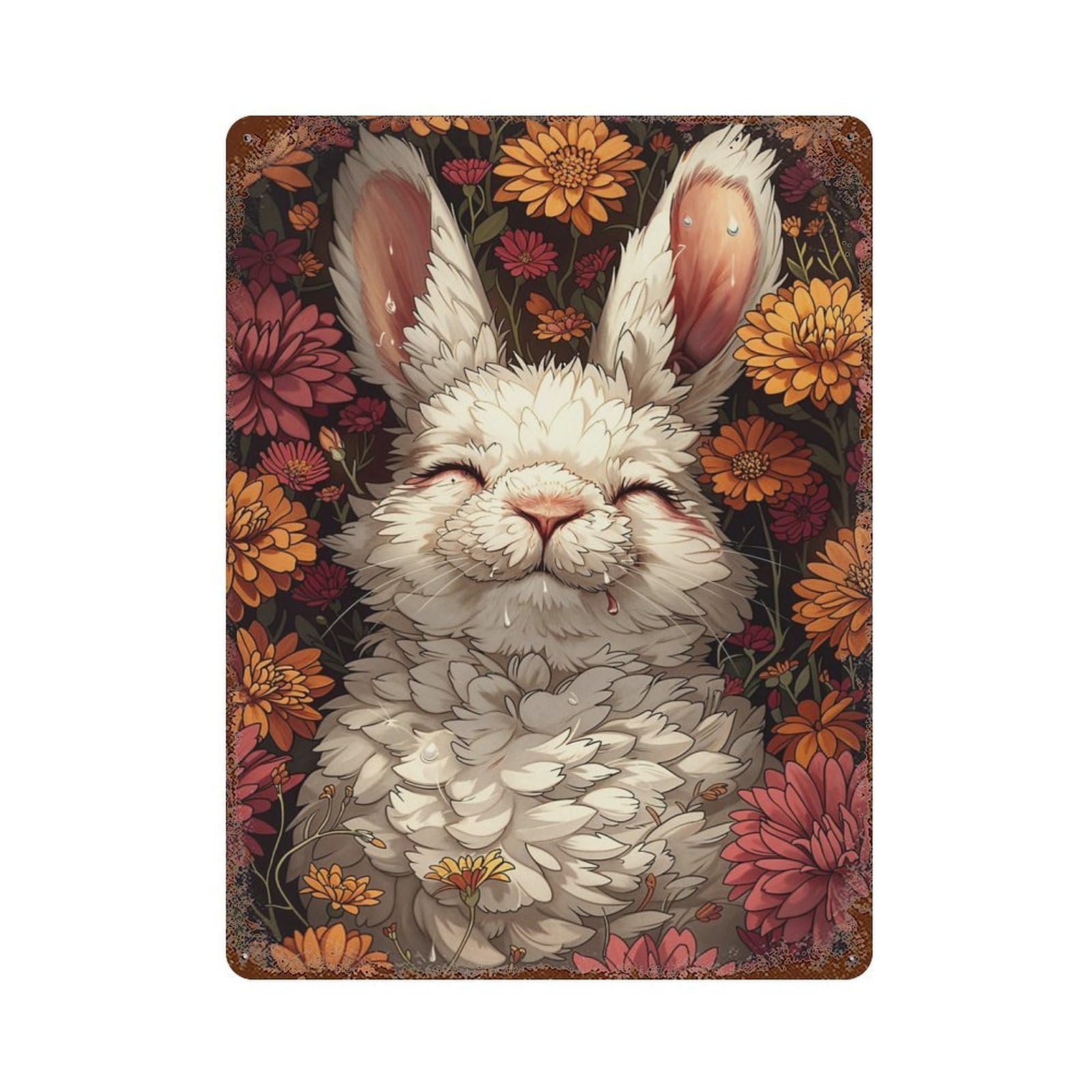 Rust Effect White Rabbit in Flowers Rusty Metal Tin Sign 15.7"x11.8", Farmhouse Wall Decor for Shed, Workshop And Garage Wall Decor