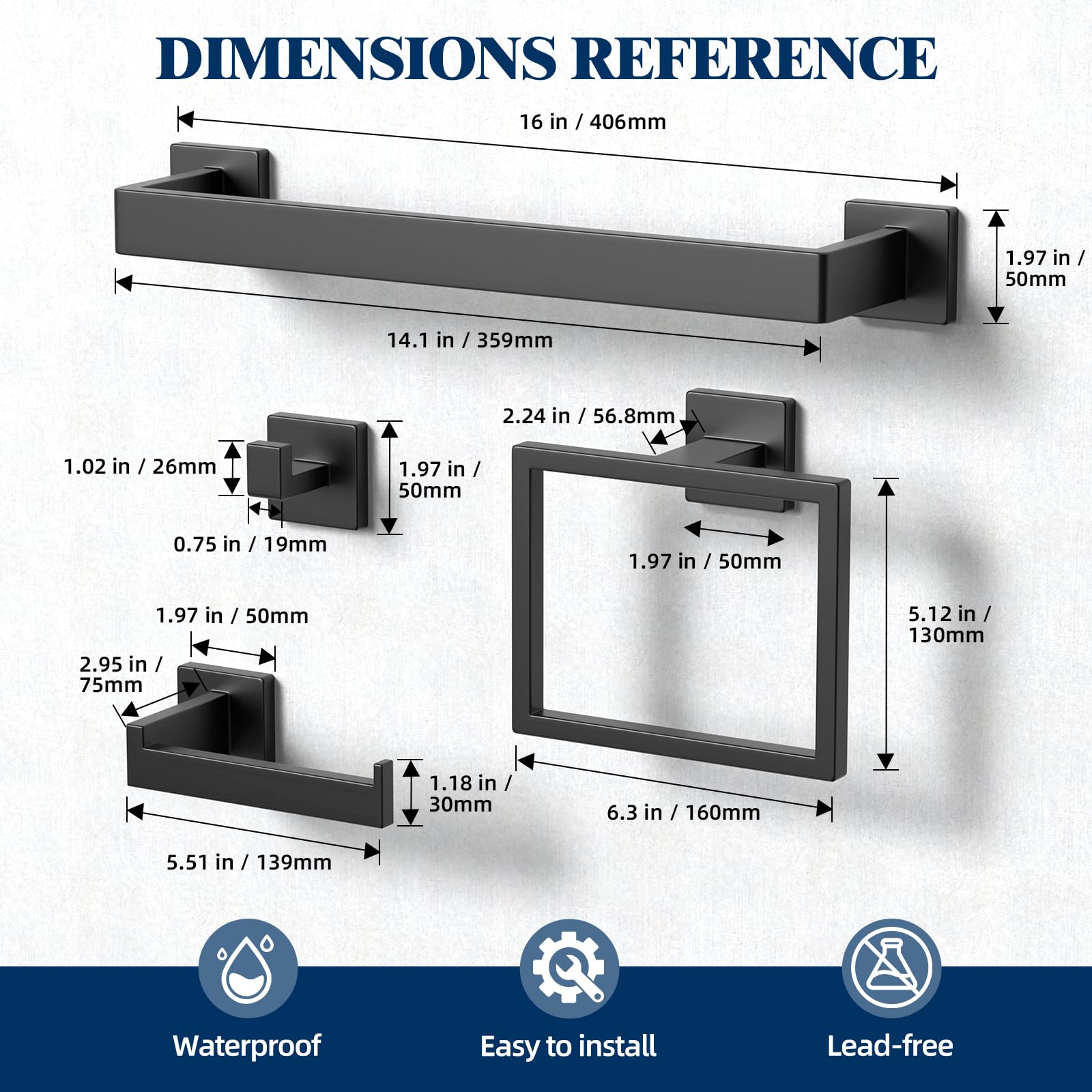 10-Pieces Matte Black Bathroom Accessories Set 16 Inch Bath Towel Bar Set SUS 304 Stainless Steel Bathroom Hardware — view 3