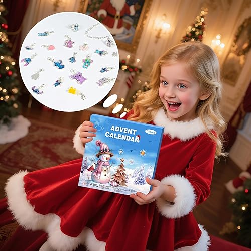 Miniatura 2 de Calendario de Adviento 2025, calendario de cuenta regresiva de Navidad de 24 días con pulsera, collar, anillo y bonito dije único de dibujos