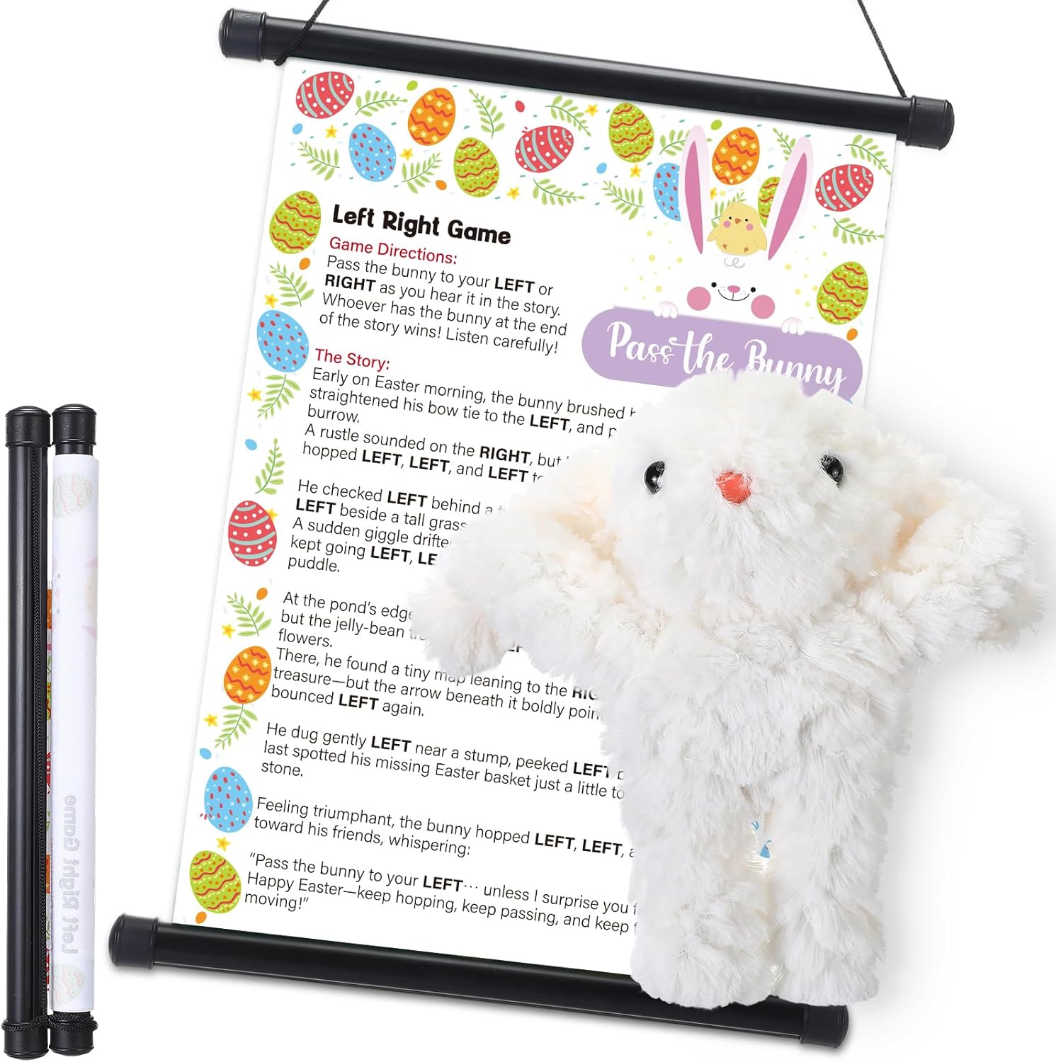 Easter Games Pass the Bunny Game Hanging Scroll Left Right Story with Plush Bunny for Easter Party Game Family Indoor Outdoor Games Carnival Prizes Spring Activities