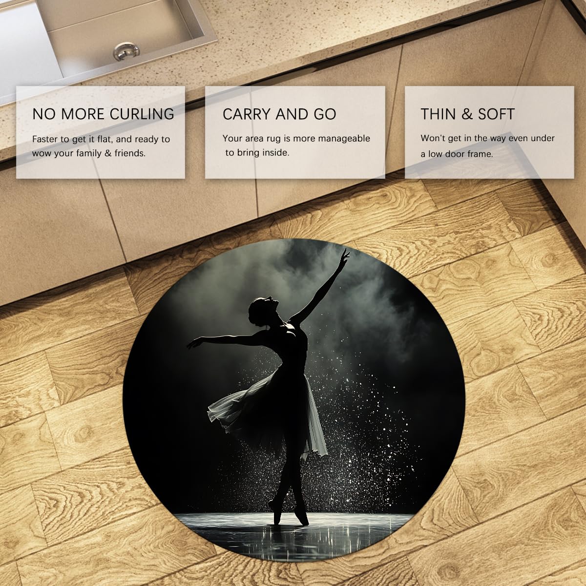 Tapis Rond de Style Noir et Blanc 100cm Danse Fille Motif Lavable à Poils Ras antidérapant Mince Cercle Tapis pour Armoire Maison Couloir Salle de Jeux