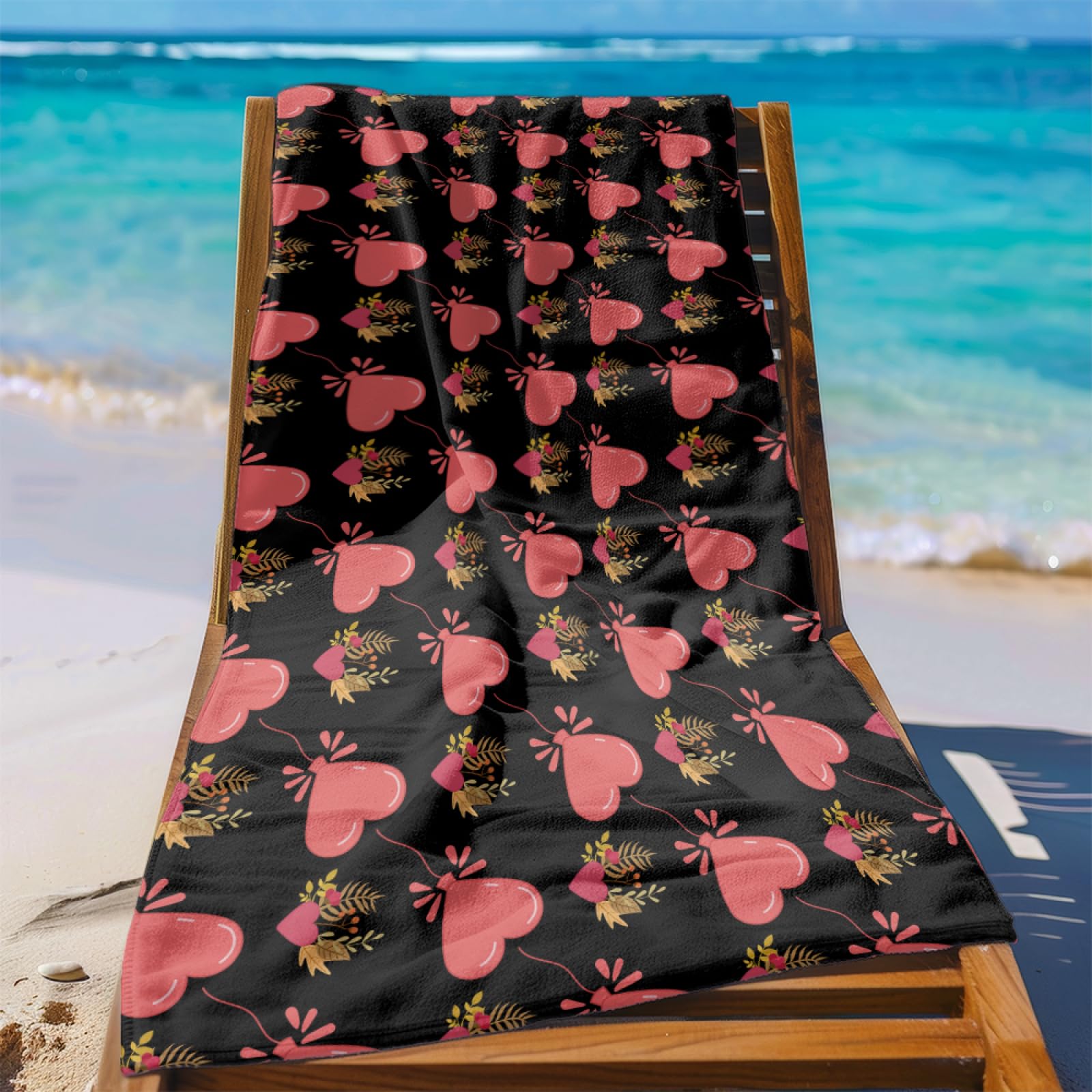 Fouta PlageCœurs Noirs Roses Modèle Surdimensionné avec Diverses Tailles, Respirante et Portable, Parfaite pour Voyages Sorties Piscine et Usage Extérieur Quotidien 90x160 cm