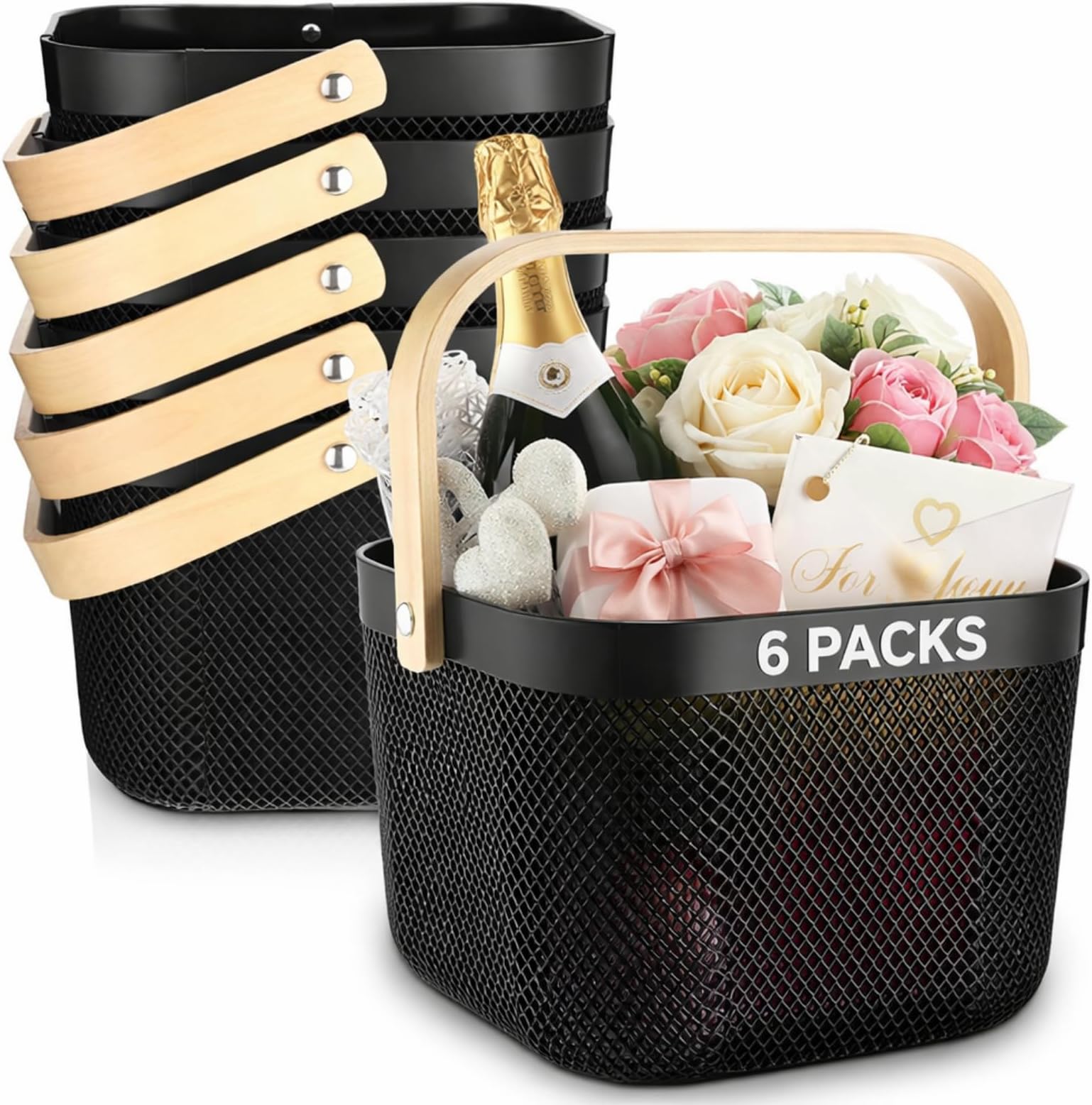 Roshtia 6 Pcs Plastic Mesh Storage Basket with Handle 9.8 x 10.2 x 7.1 Inch Garden Harvest Storage Basket Multi Functional Hanging Organizer for Kitchen Bathroom Picnic Cabinet Home(Black)