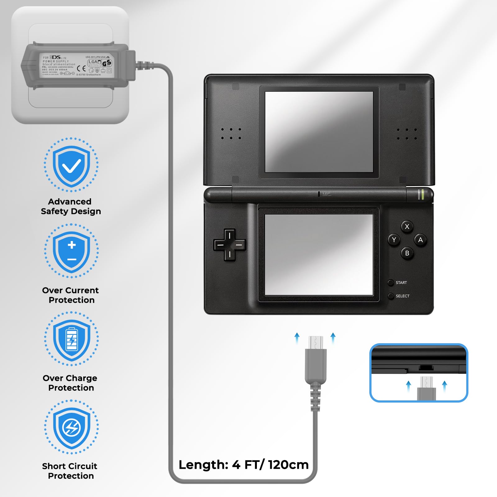 Caricabatterie Compatibile con Nintendo DS Lite, AC 100-240V, 5.2V 450mA, 1,2M Cavo, Protezione Integrata, Ricarica portatile Charger Power Adapter (1) - 3