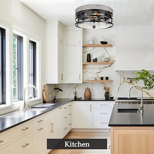 Miniatura 6 de ROS61A WD - Lámpara de techo de montaje empotrado, 12 pulgadas, 2 luces, moderna, rústica, cerca del techo, con vidrio sembrado, para dormitorio,