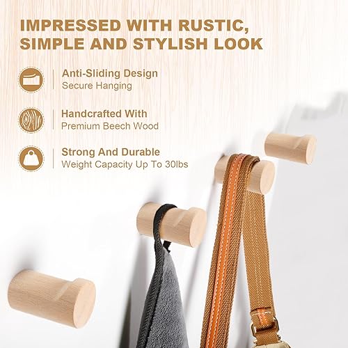Miniatura 9 de bsdonte Ganchos de pared de madera, paquete de 4 ganchos decorativos blancos montados en la pared, modernos ganchos para sombreros, ganchos de pared