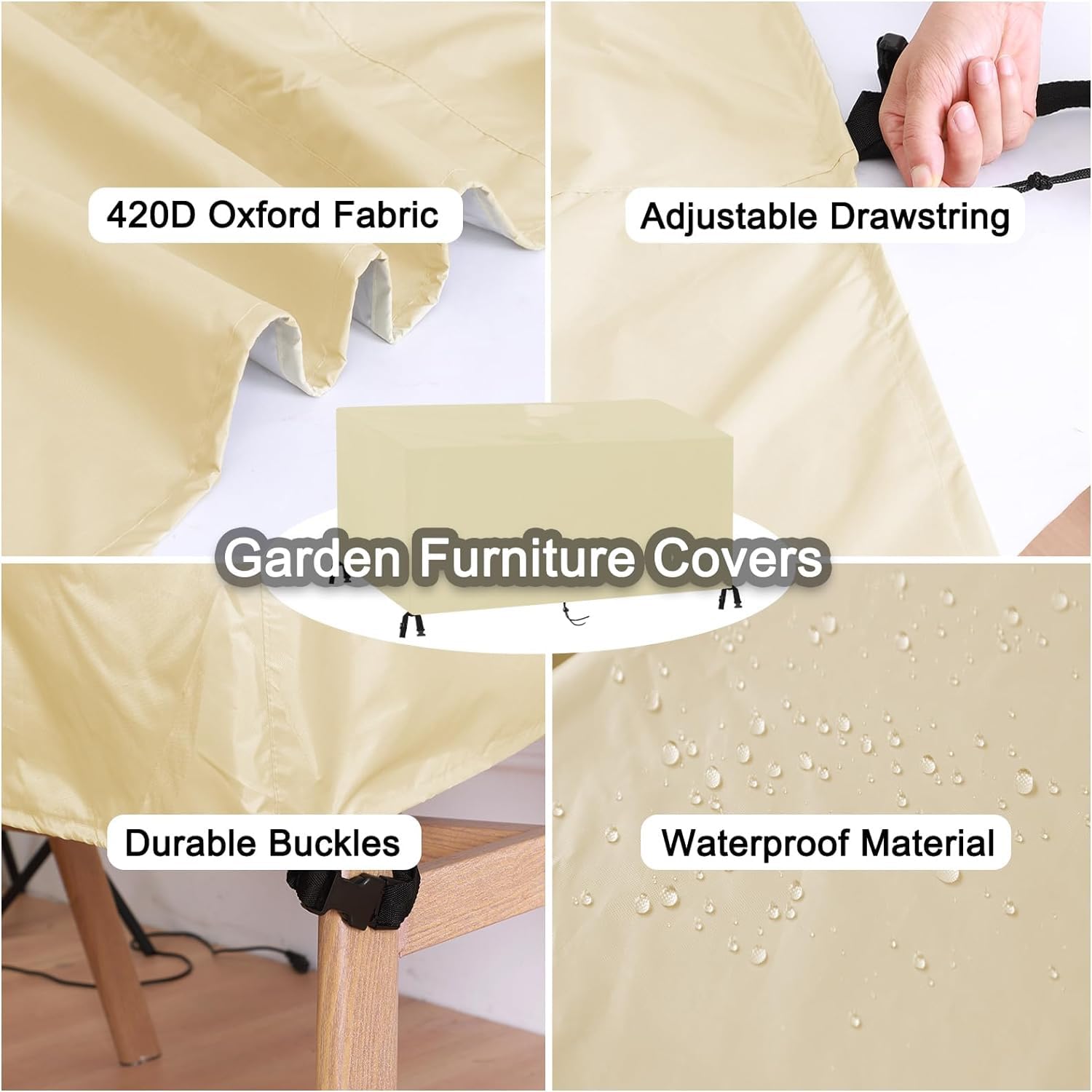 ZFEBHMY Housse Salon De Jardin ImperméAble,Rectangulaire Housse De Meubles 420D Tissu Oxford Housse Table De Jardin,pour Patio Table Chaises ExtéRieure-Beige| 210x150x75cm(LxWxH