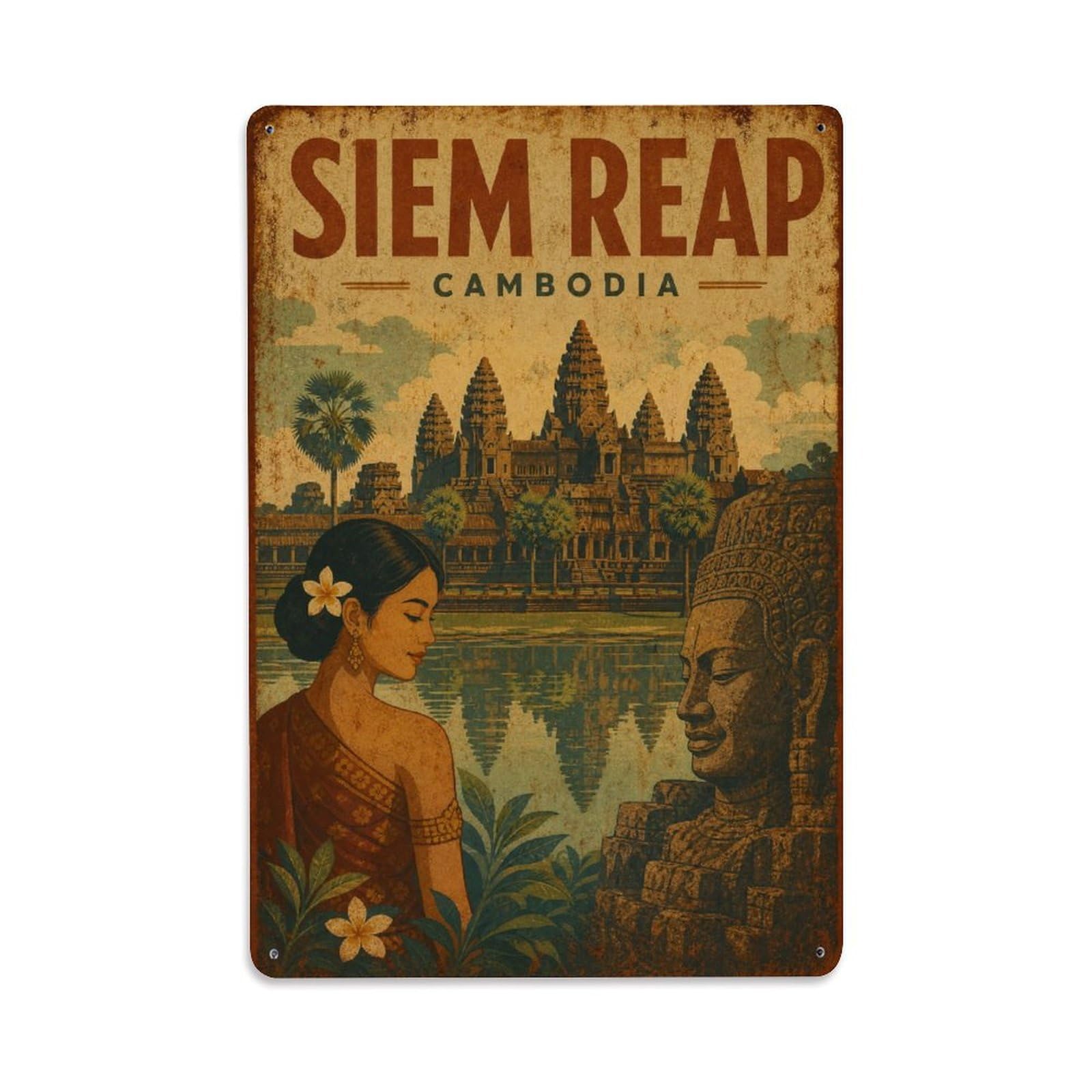 Vintage Siem Reap Cambodia Heritage Travel Metal Tin Sign