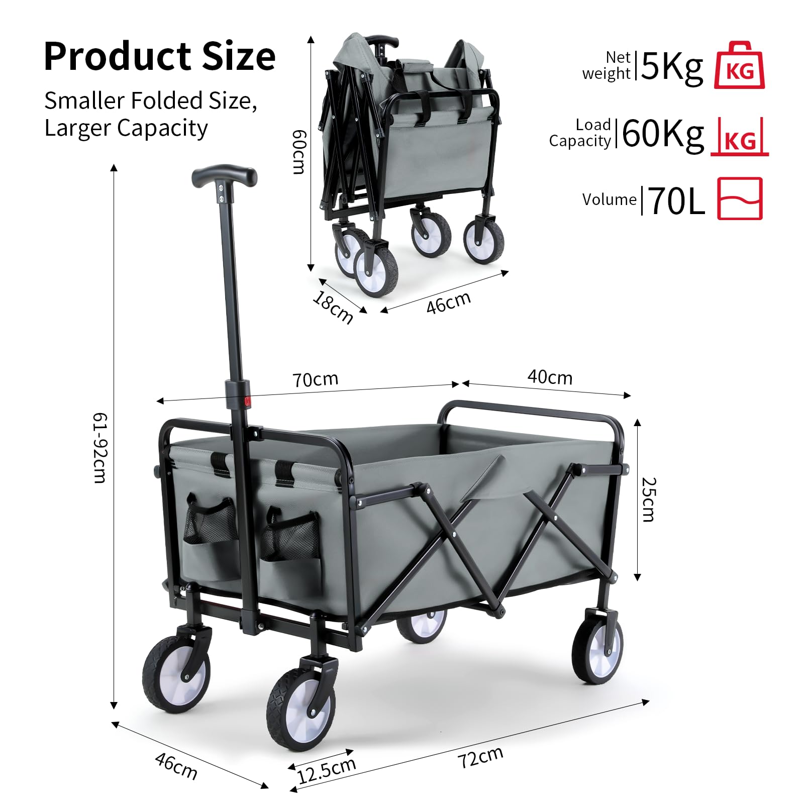 Bollerwagen Faltbar Handwagen All Terrain Räder, Gartenwagen mit Getränkehalter verstellbarem Griff, Transportwagen Klappbar Strandwagen, Gartenkarre, Einkaufswagen, Camping (Grau)