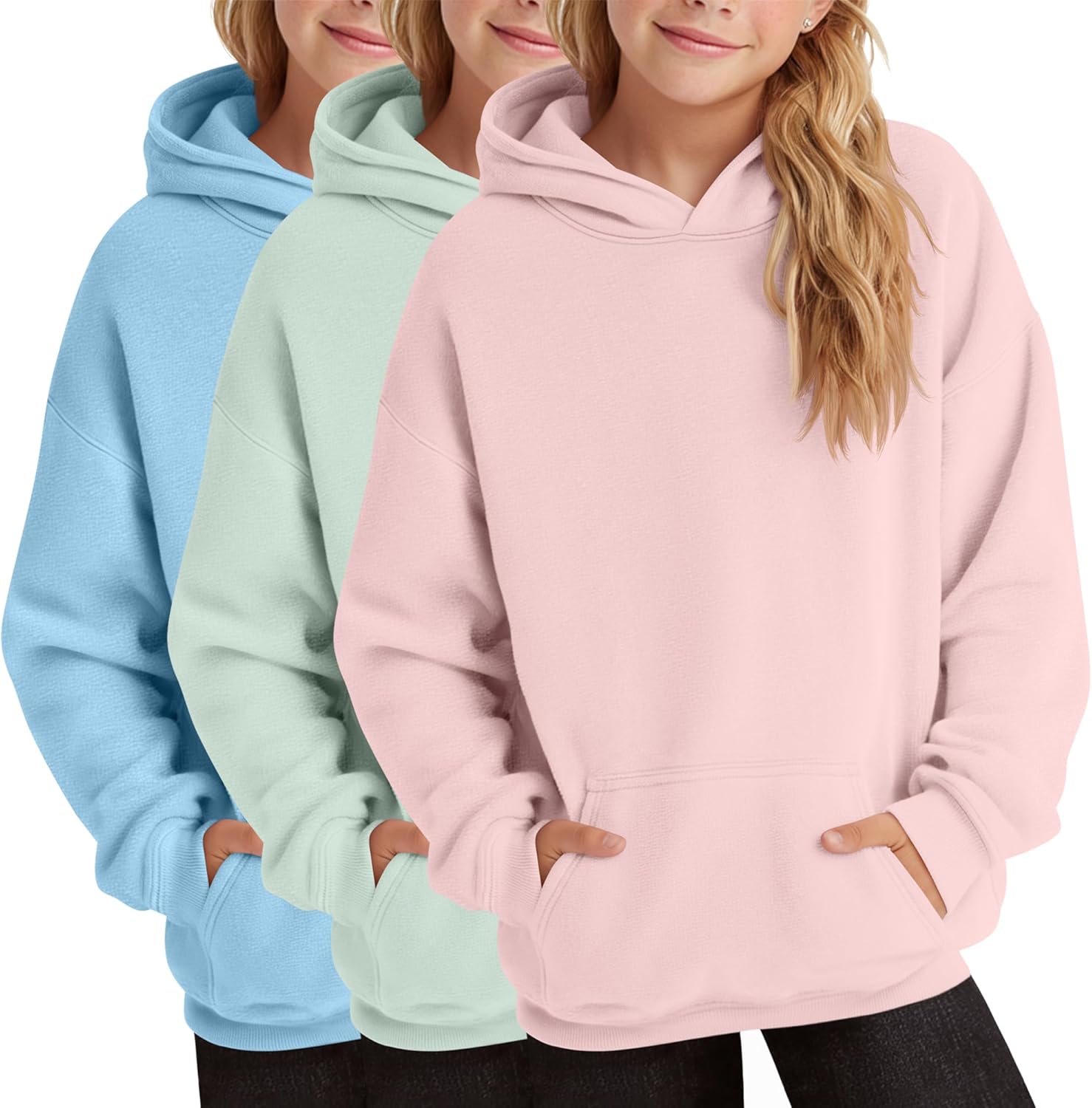 3 Pack Girls Hoodies Lightweight Kids Oversized Hooded Sweatshirt Cute Long Sleeve Pullover Sweatshirts with Pocket