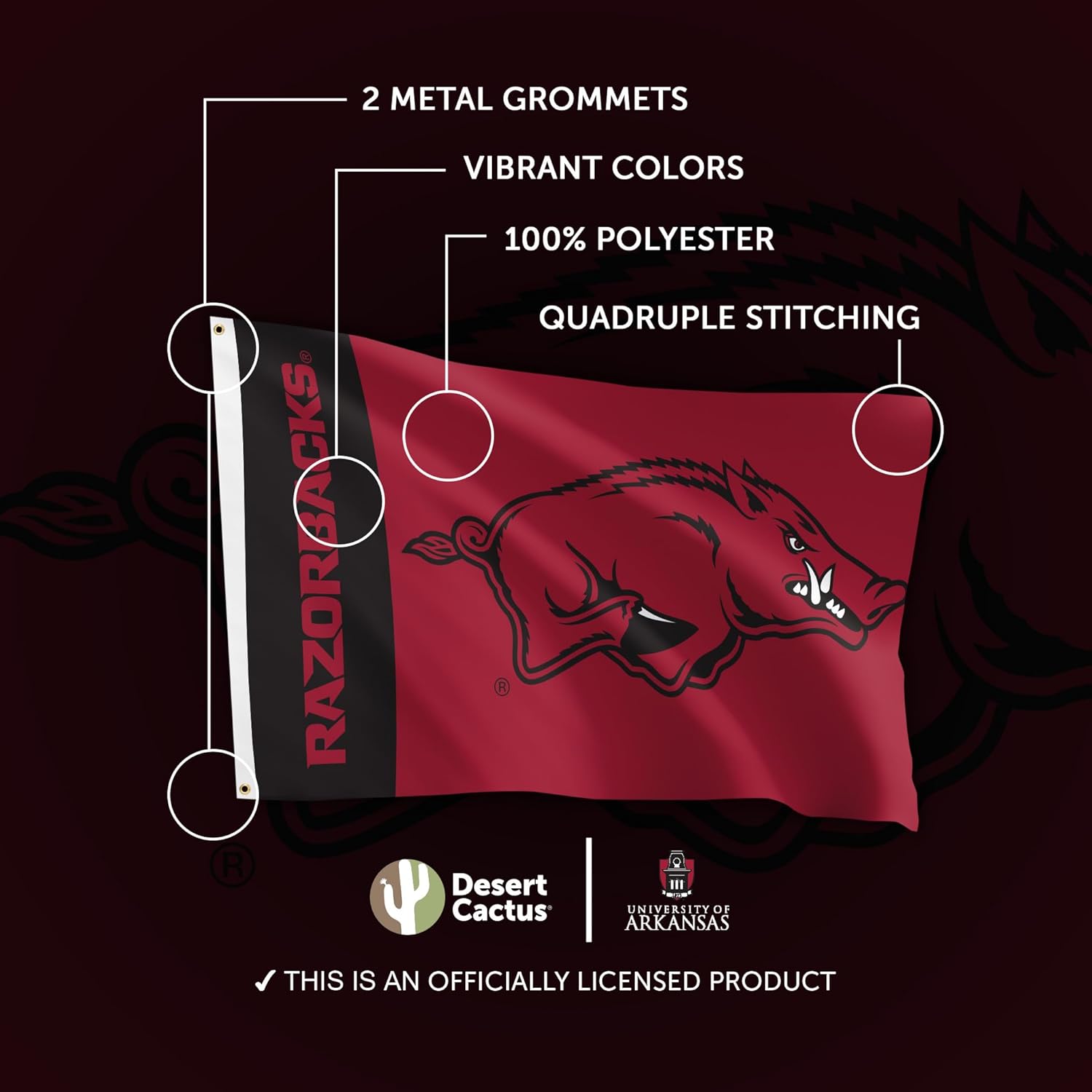 Desert Cactus University of Arkansas Flag Razorbacks U of A Hogs Banners 100% Polyester Indoor Outdoor 3x5 feet Flags (Team Name) - Image 4