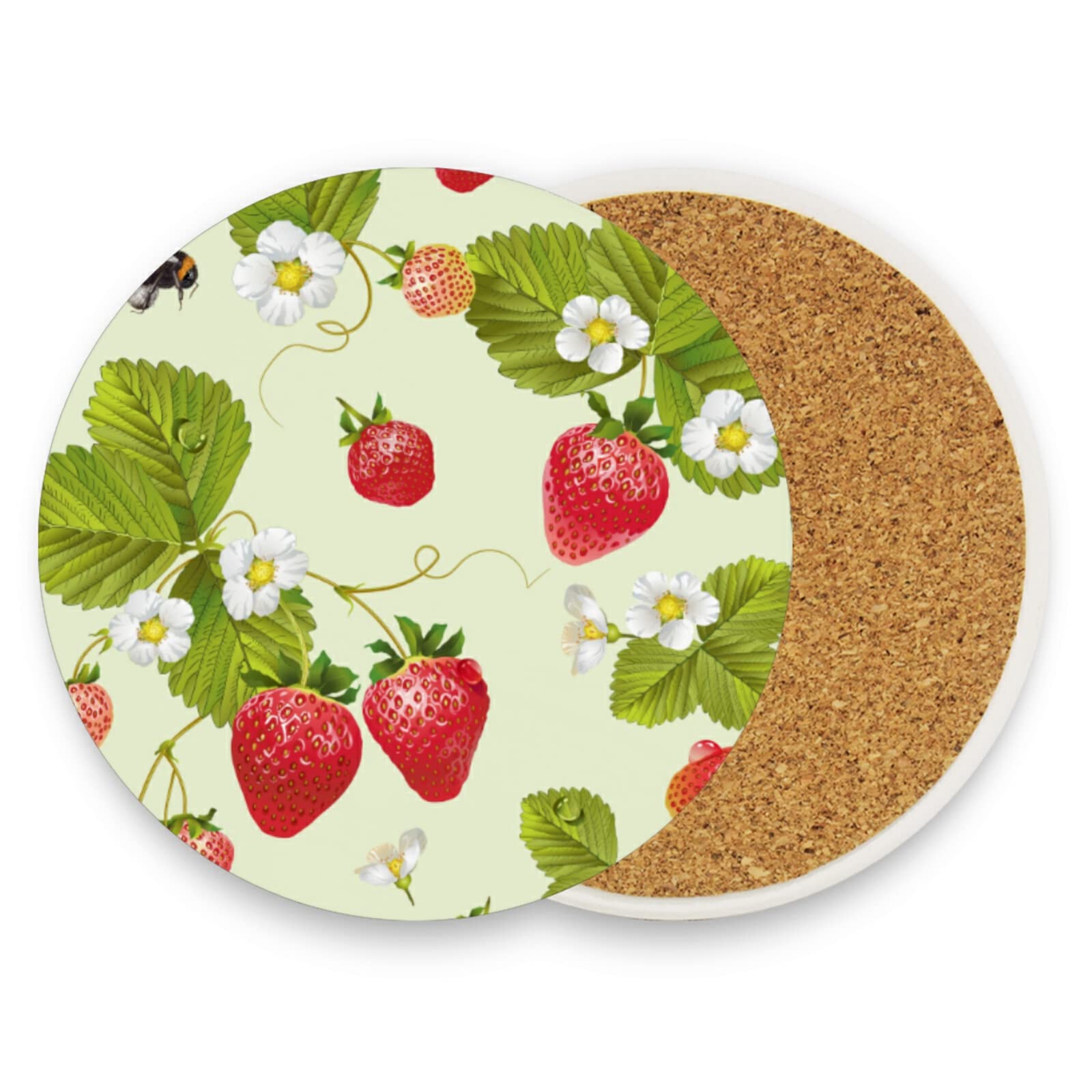 Poeticcity Green,Red,White Red Strawberry With Green Leaves White Flowers On Light Green 1 Pc Ceramic Mug Coaster For Drinks, Stone Coasters Holder With Cork Base, Oversize Cup Mat Pad For All Mugs, Housewarming Gift