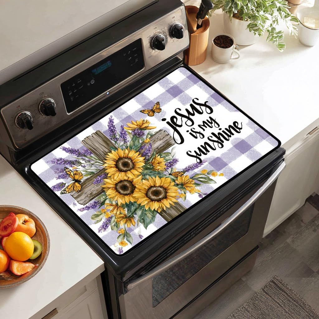 Jesus is My Sunshine Stove Top Covers for Electric Stove Sunflower Cross Electric Stove Top Cover Protector,Floral Stove Mat Protector,Heat Resistant Cooktop Stovetop Cover