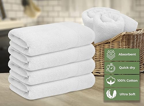 Miniatura 5 de Juego de 6 toallas de baño blancas 100% algodón, toallas de baño para baño, 22 x 44 pulgadas, ultra suaves, toallas de spa, hilado en anillo de la