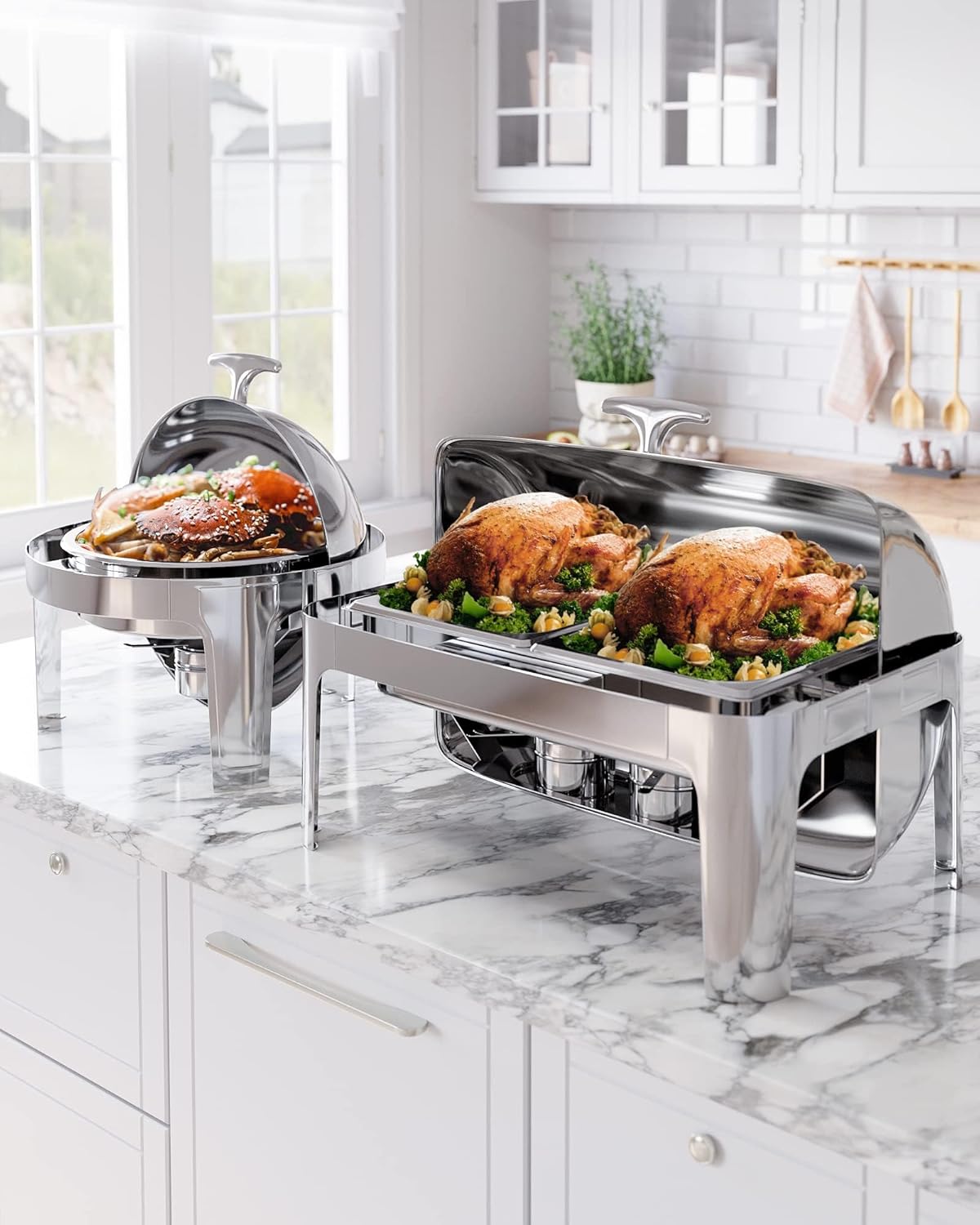 Garvee 9QT Food-Grade Stainless Steel Roll Top Chafing Dish Buffet Set - Commercial Chafer for Catering, Parties, and Weddings, [1 Full Size Pan & 2 Half Pan] Included