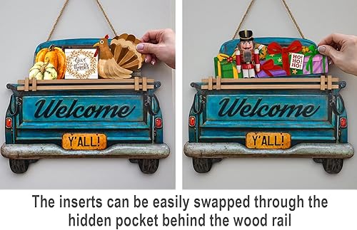 Vista 3 de Letrero de bienvenida intercambiable para puerta delantera, decoración de camión de granja, color azul, con 11 letreros intercambiables