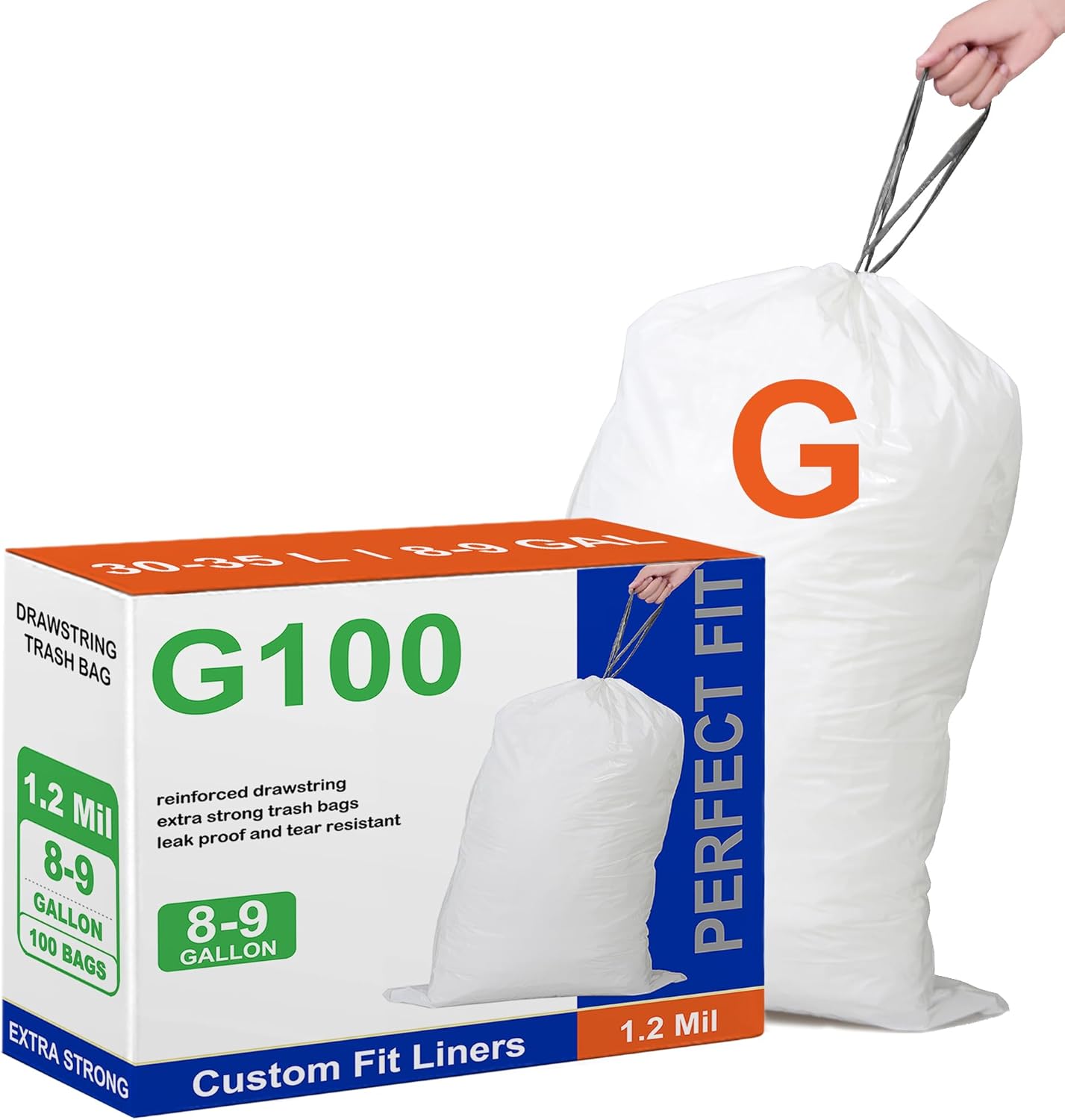 Perfect Fit Code G 100 Count Compatible with simpIehuman Code G Heavy Duty Trash Bags 8-9 Gallon 1.2 Mil THICK White Garbage Can Liners with Reinforced Drawstring 100 Count GRAND SAVE