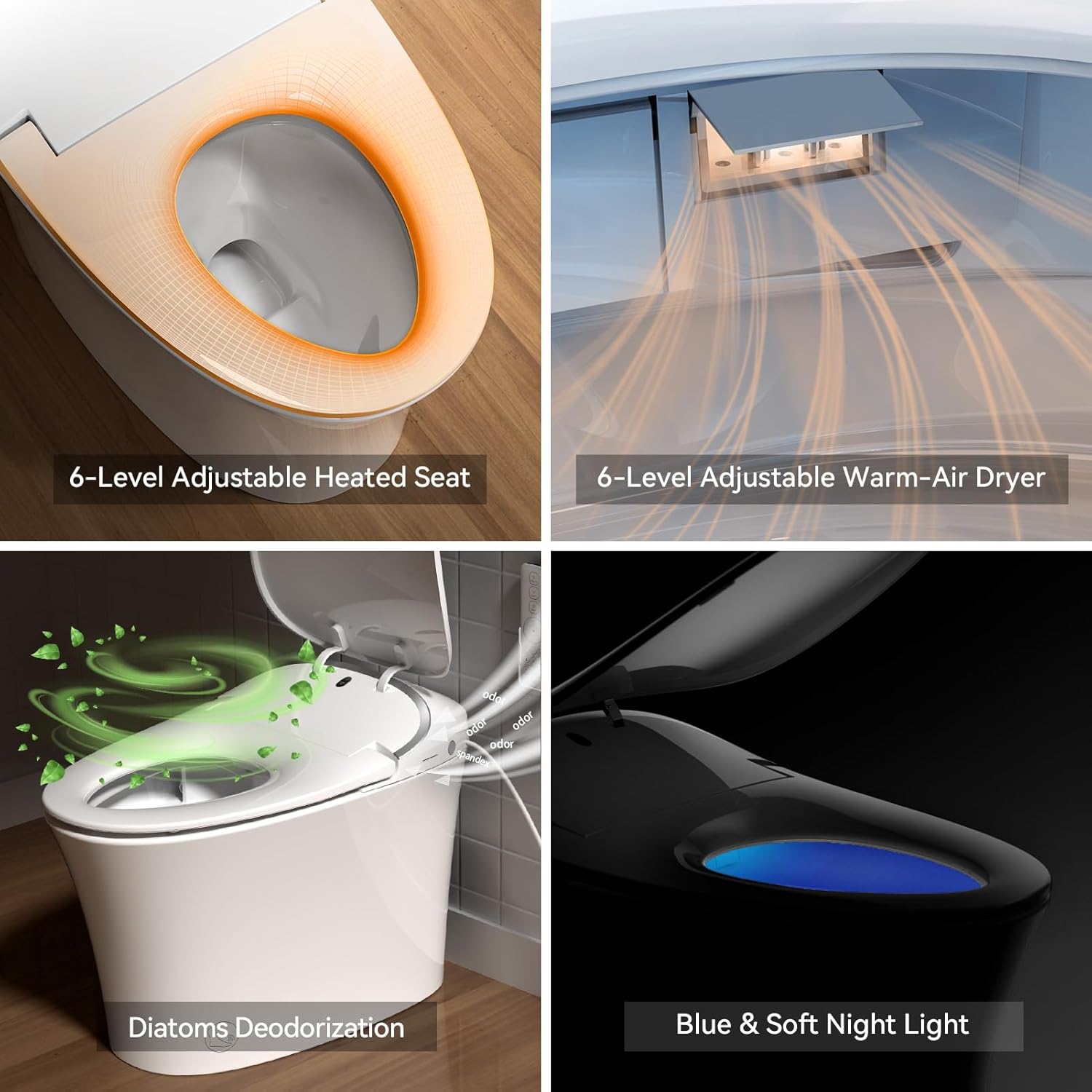 R&T C2 Smart Toilet with Tank, One-Piece Bidet Toilet, Blackout Flush, Auto Open & Flush, Foot Sensor, Remote Control, Heated Seat, Warm Water, Air Dryer, Night Light & Deodorizer