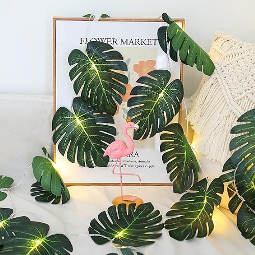 WEISPARK Guirnalda de 20 luces LED de hojas de palma, hojas de Monstera artificiales tropicales para colgar en la pared para fiesta hawaiana Luau