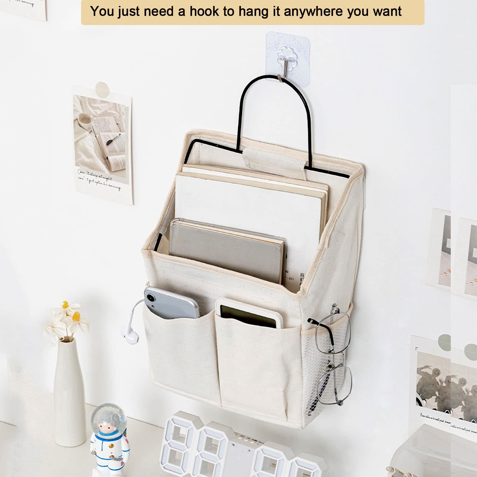 4 Pack Wall Hanging Storage Bag Fabric Hanging Bag Organizer with 4 Pockets, Wall File Organizer with 8 PCS Sticky Hooks for Bathroom Dormitory Office Rv Storage and Organization (2 White+2 grey)